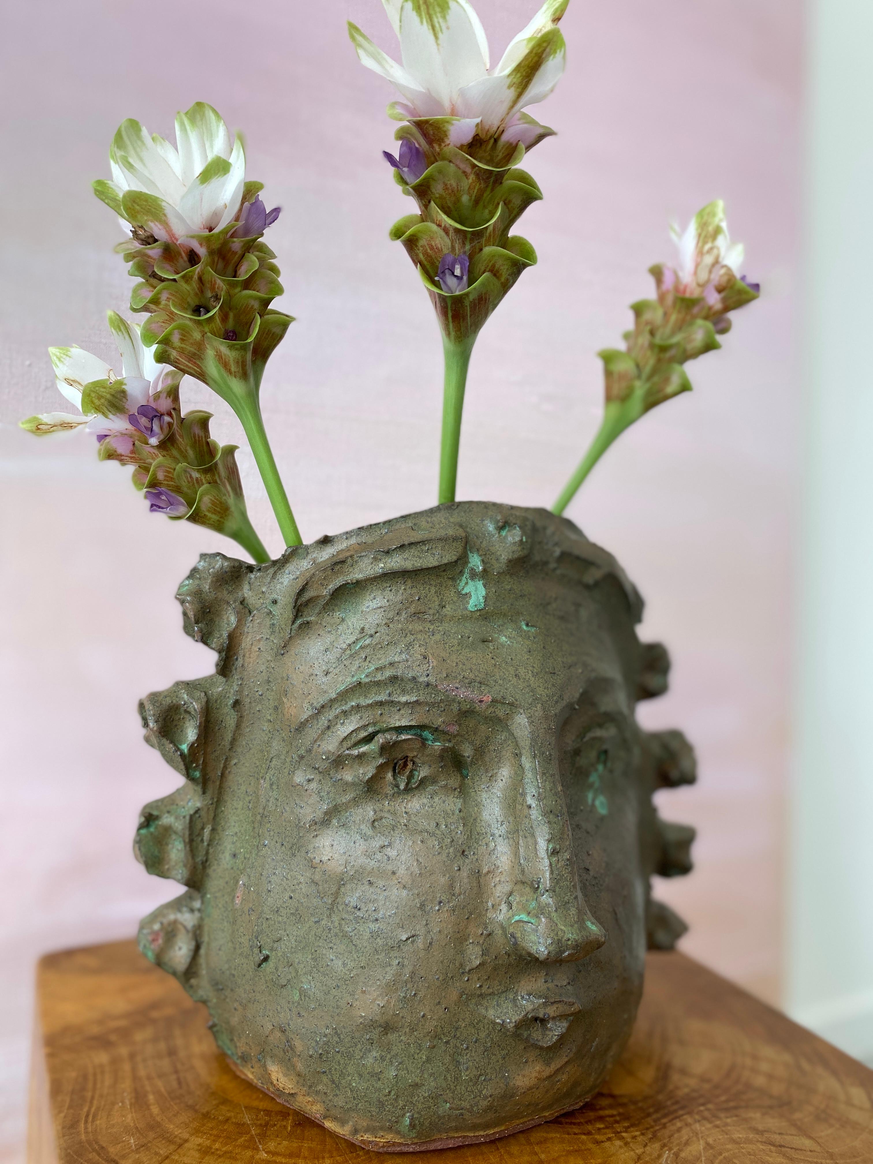 Tan Green face rustic wabi sabi hand sculpted glazed clay face vessel head 1