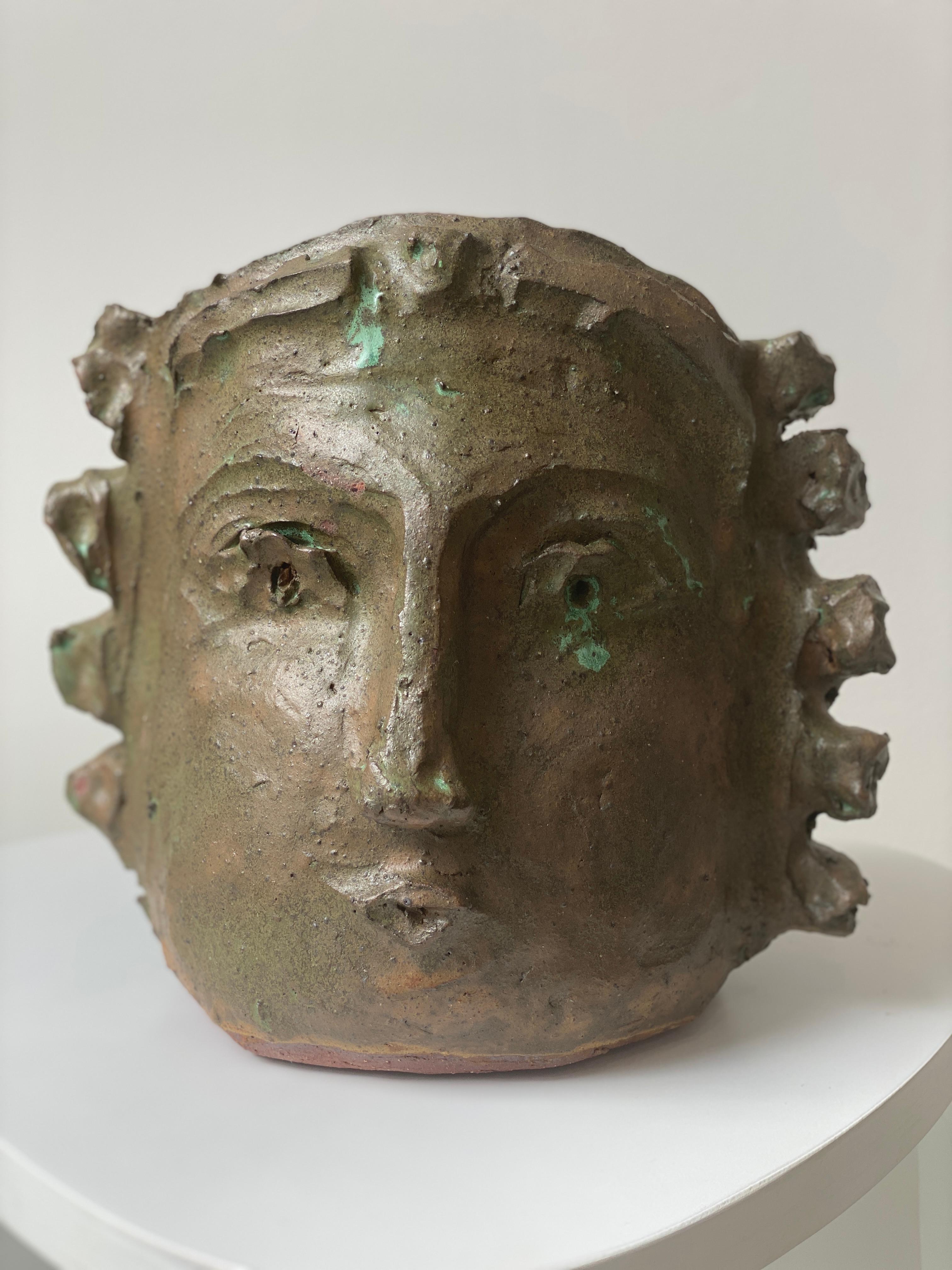 Tan Green face rustic wabi sabi hand sculpted glazed clay face vessel head 2