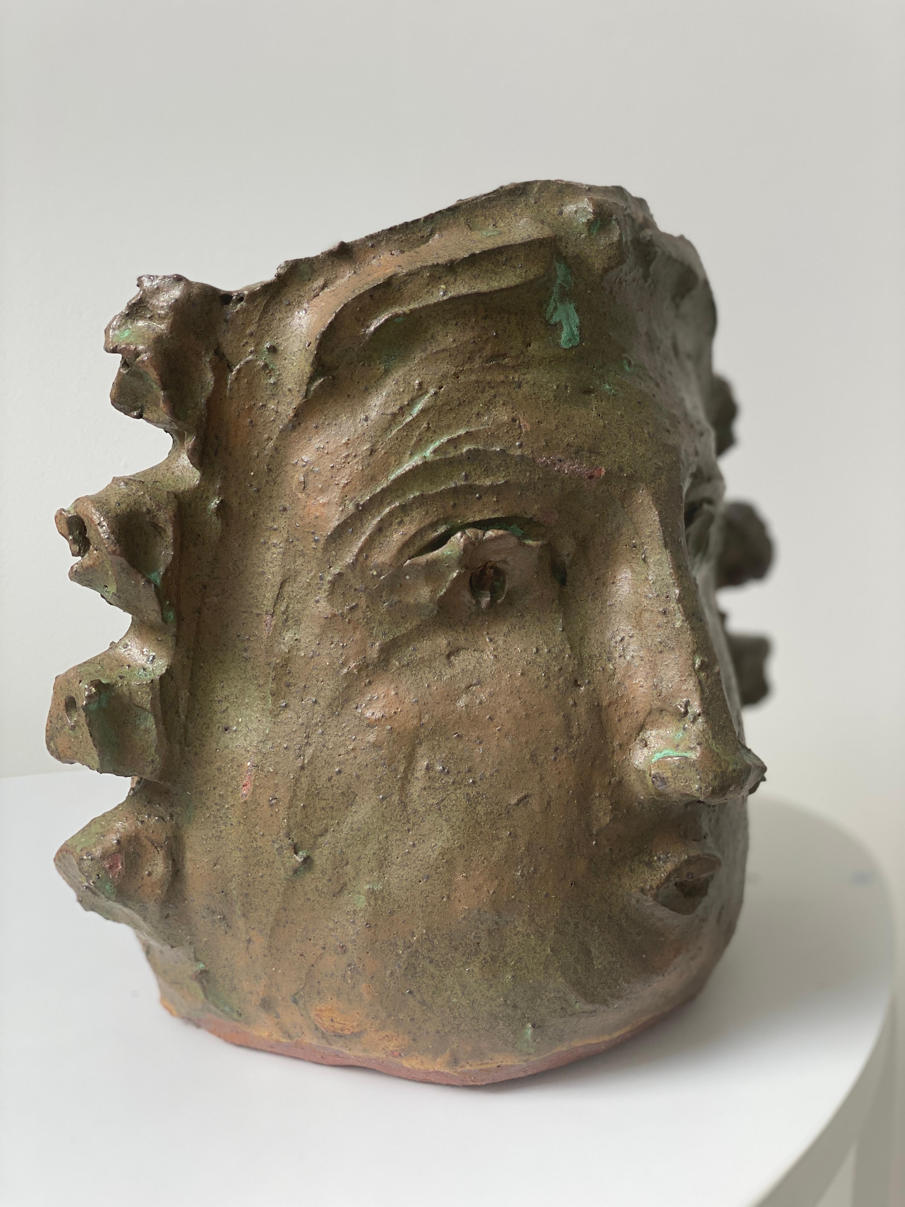 Tan Green face rustic wabi sabi hand sculpted glazed clay face vessel head 3
