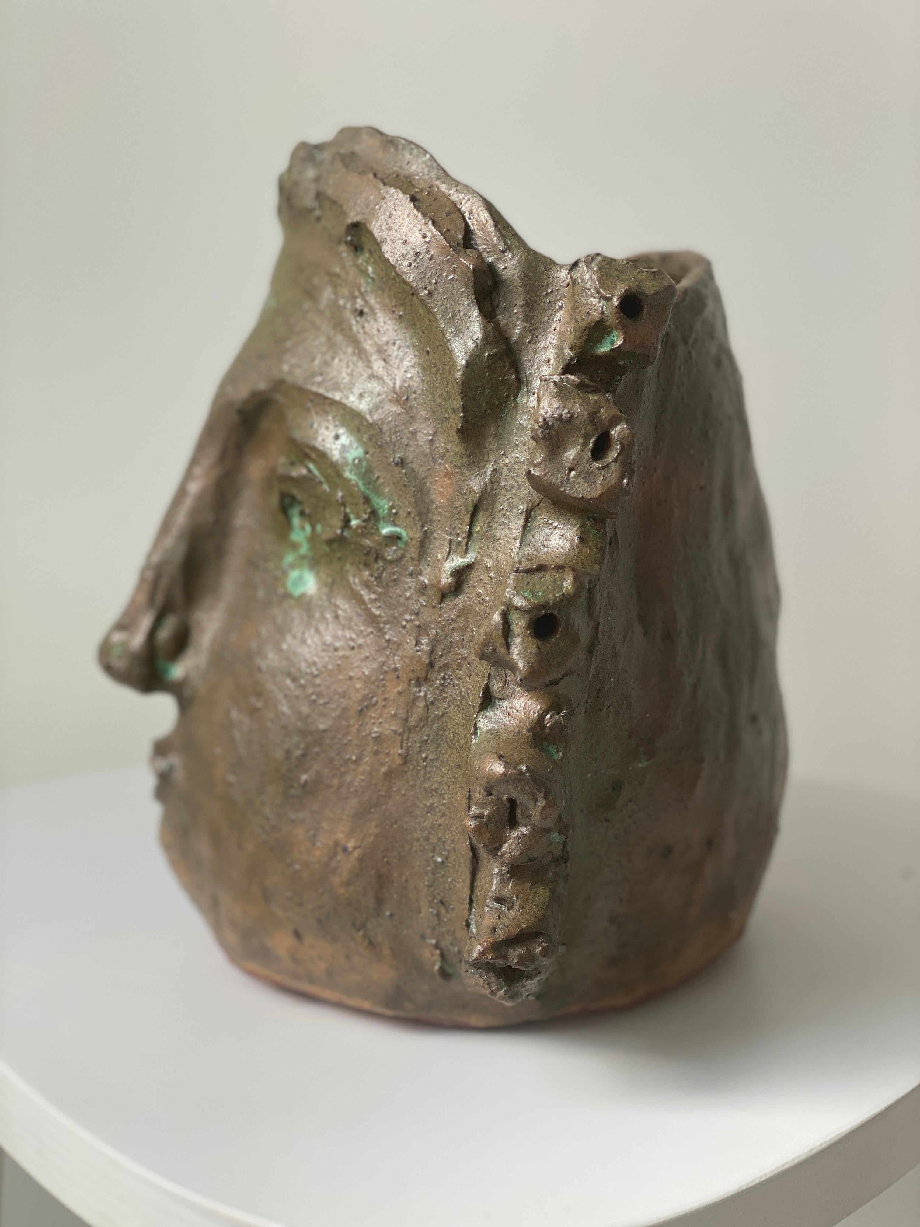 Tan Green face rustic wabi sabi hand sculpted glazed clay face vessel head 4