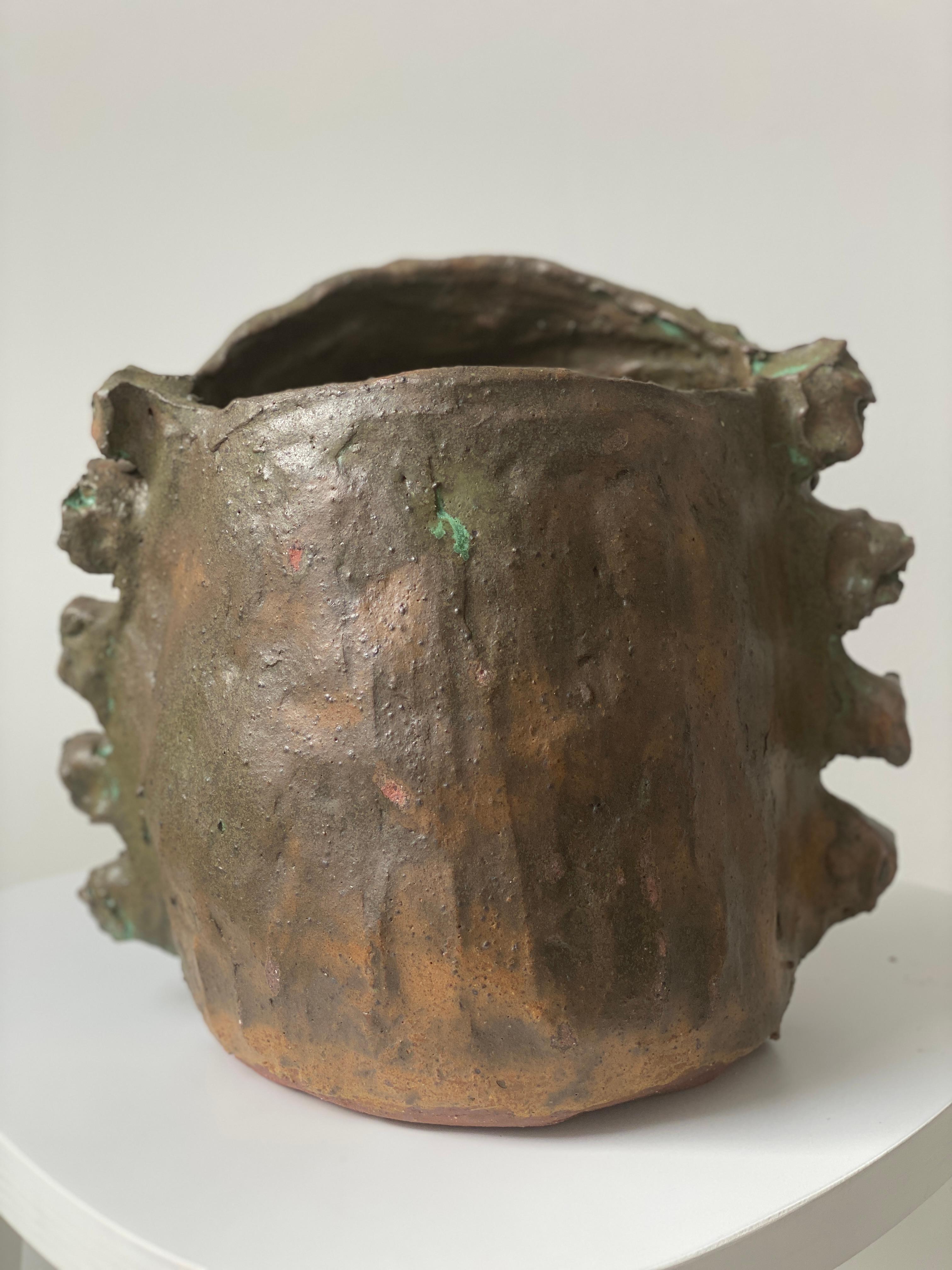 Tan Green face rustic wabi sabi hand sculpted glazed clay face vessel head 5