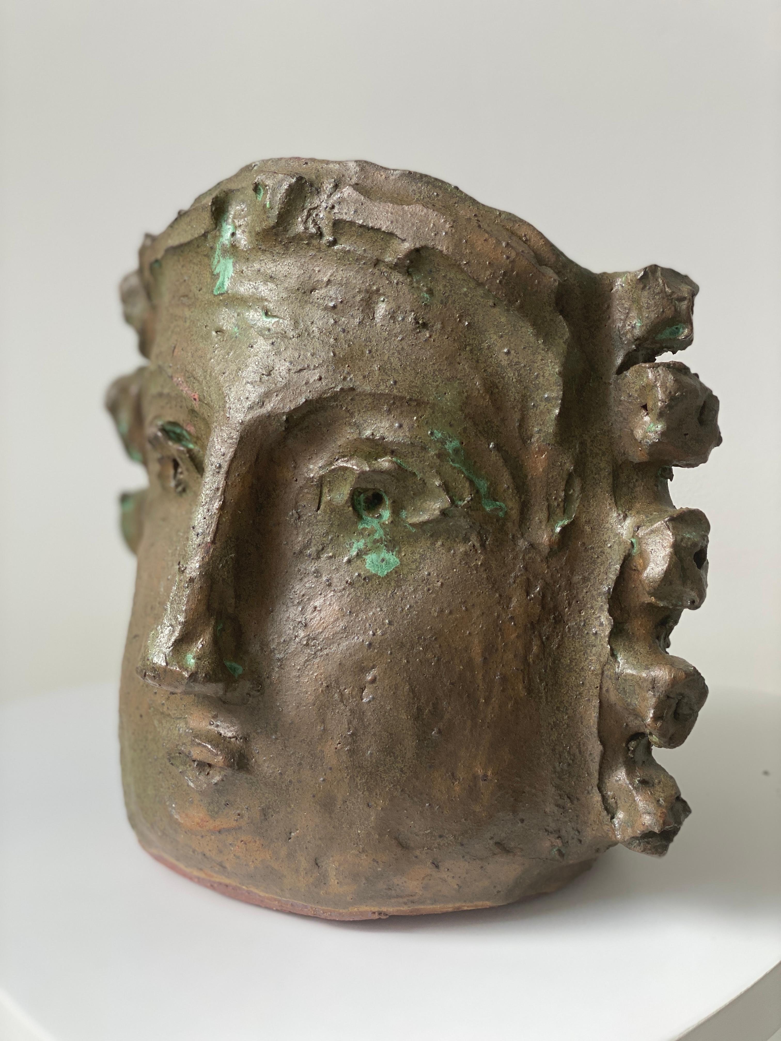 Kathleen Rhee Figurative Sculpture - Tan Green face rustic wabi sabi hand sculpted glazed clay face vessel head
