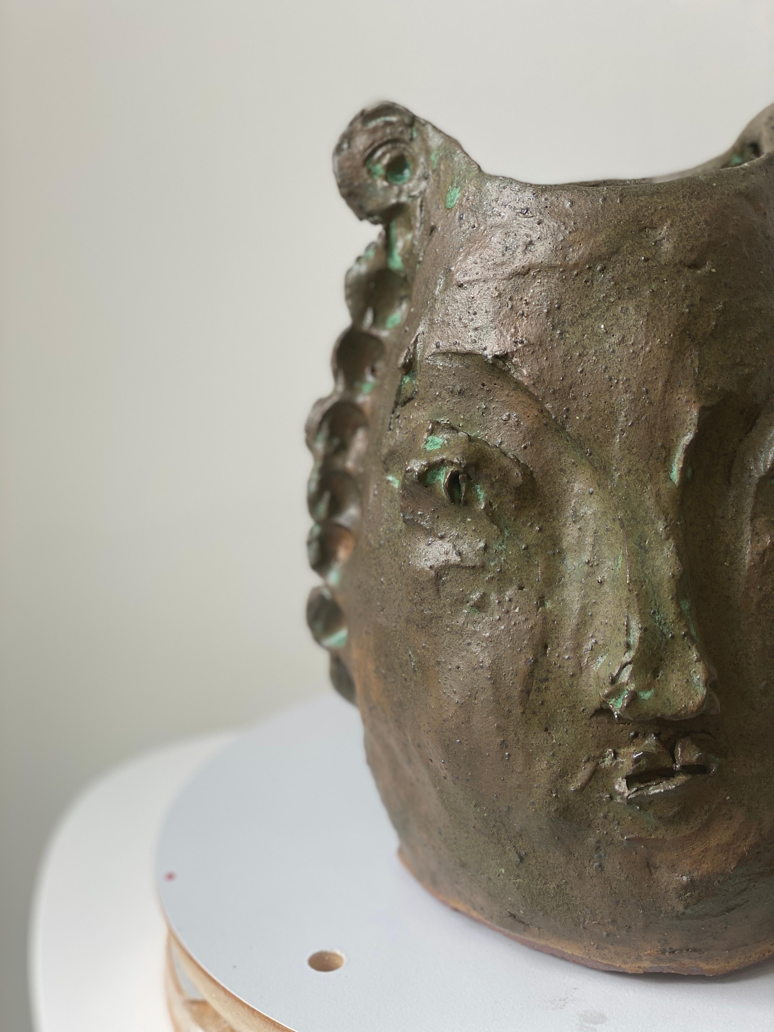 Tan green rustic wabi sabi hand sculpted glazed clay face vessel ancient head  For Sale 8