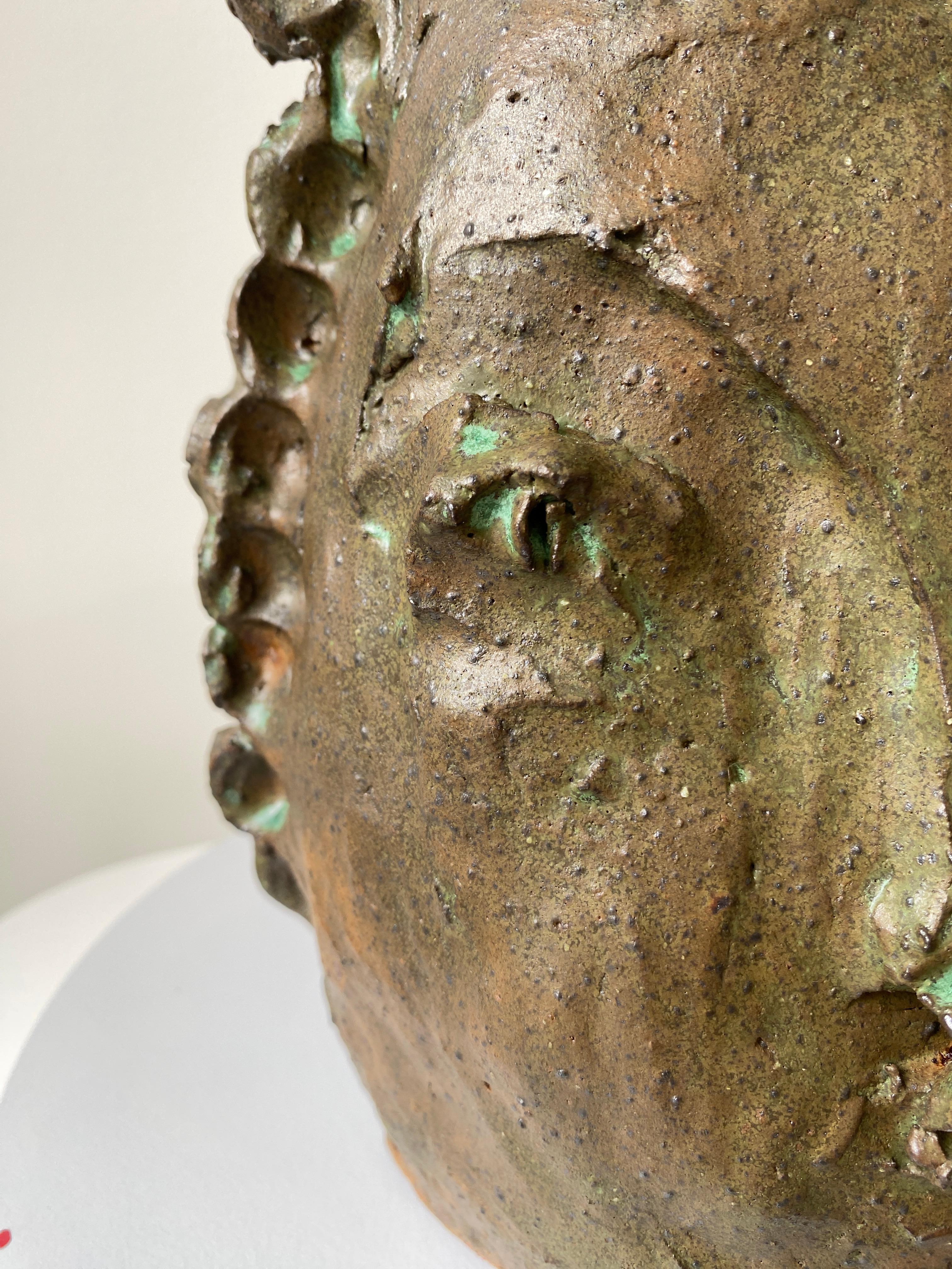 Tan green rustic wabi sabi hand sculpted glazed clay face vessel ancient head  For Sale 9
