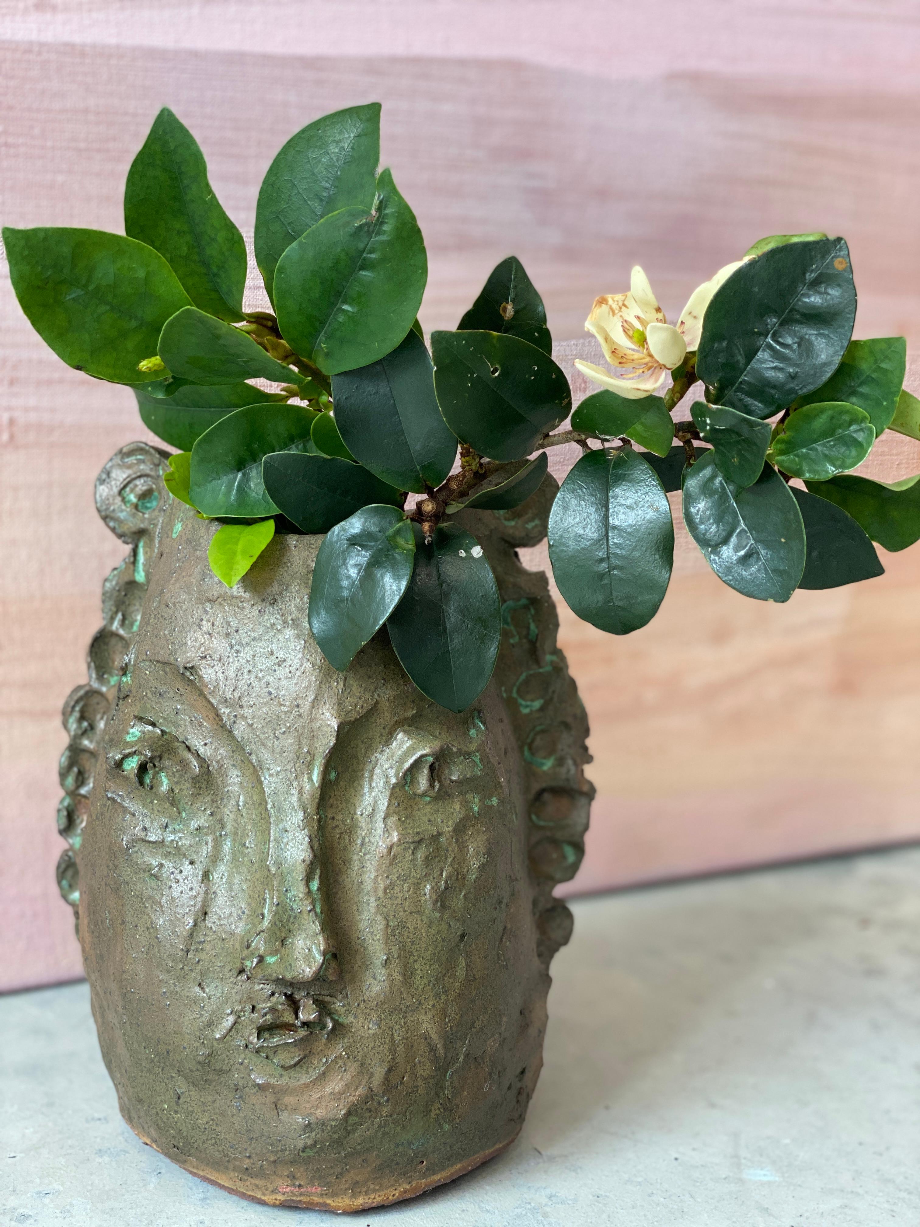 Tan green rustic wabi sabi hand sculpted glazed clay face vessel ancient head  For Sale 14