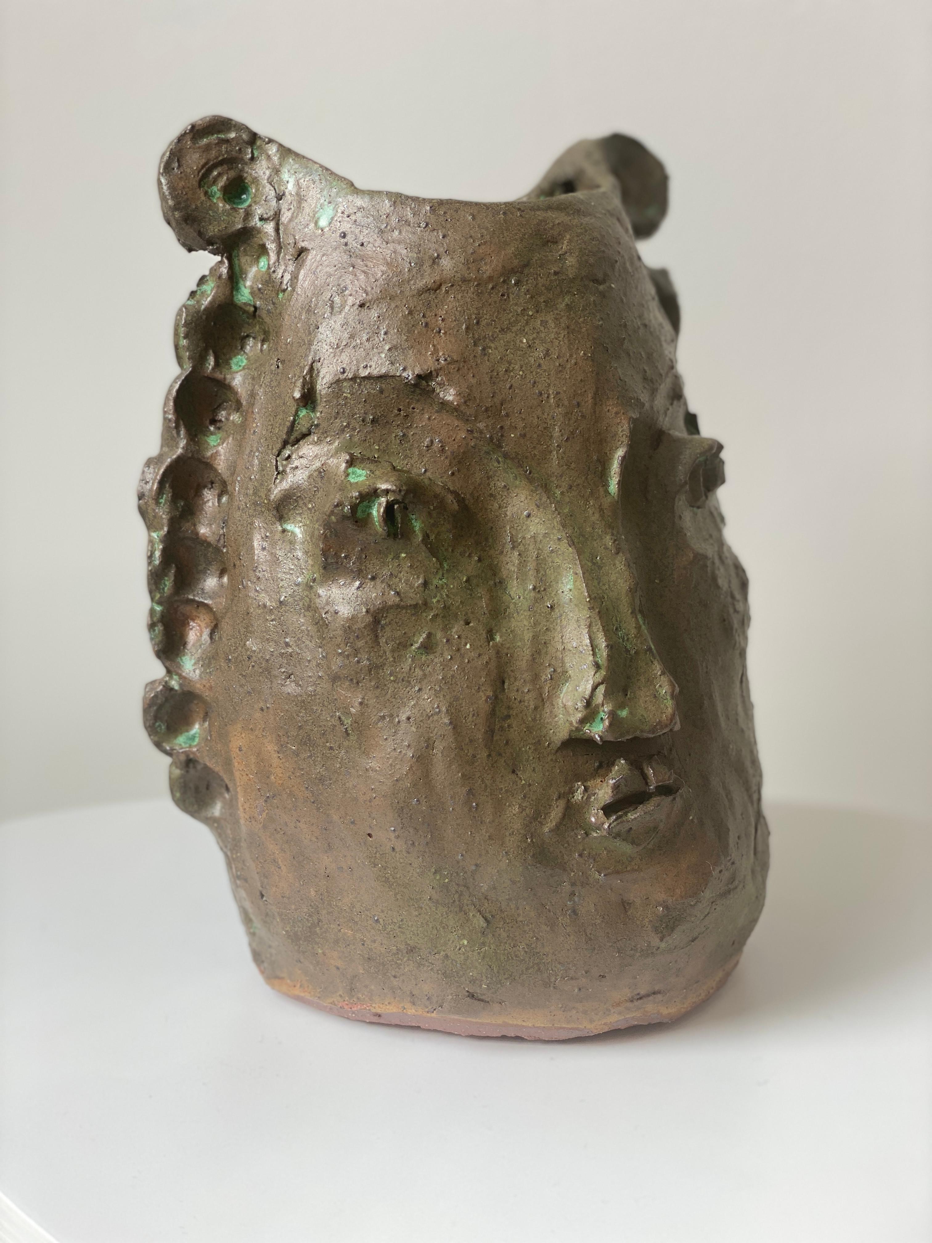 Tan green rustic wabi sabi hand sculpted glazed clay face vessel ancient head  - Contemporary Sculpture by Kathleen Rhee