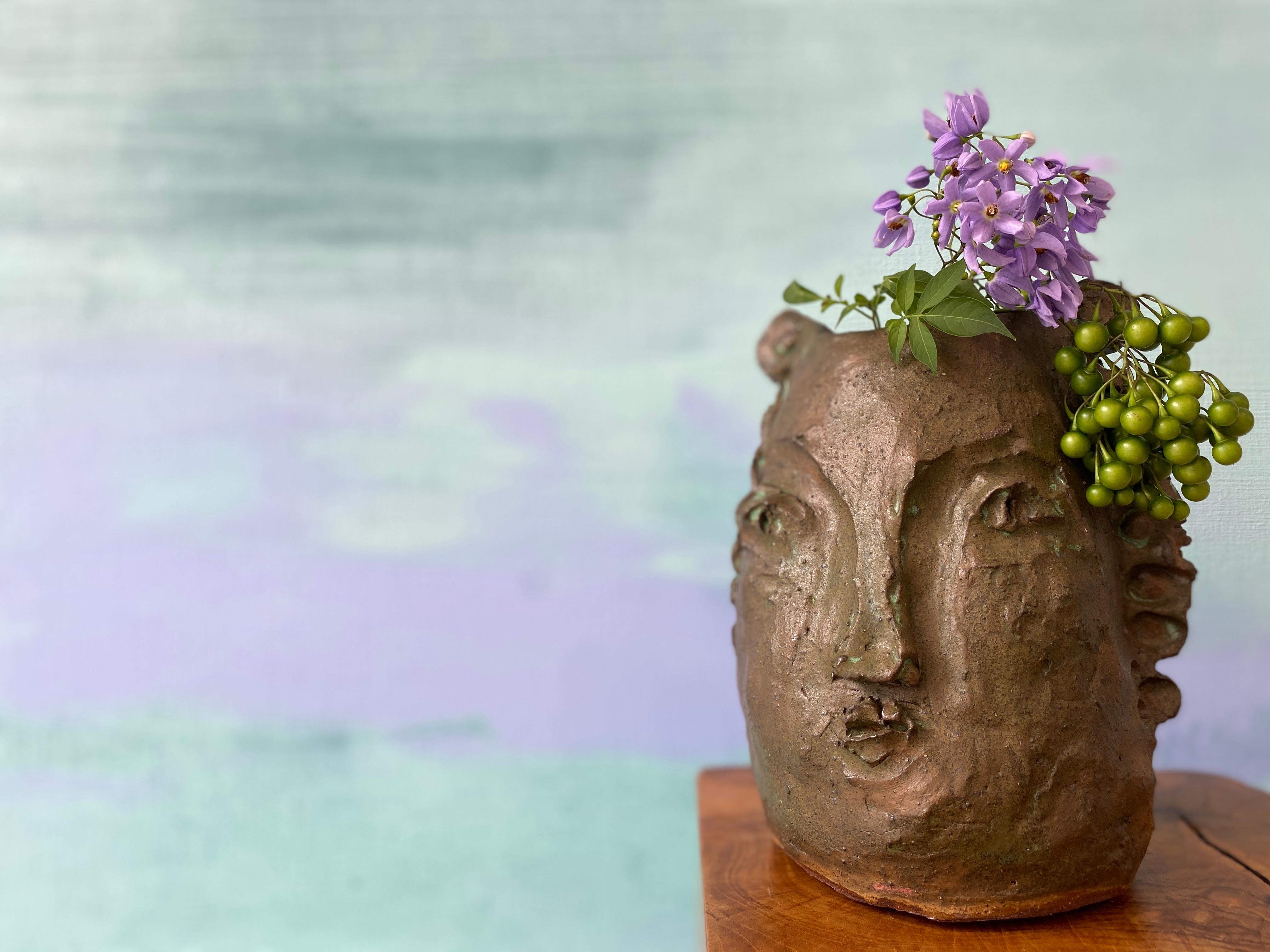 Tan green rustic wabi sabi hand sculpted glazed clay face vessel ancient head  For Sale 16