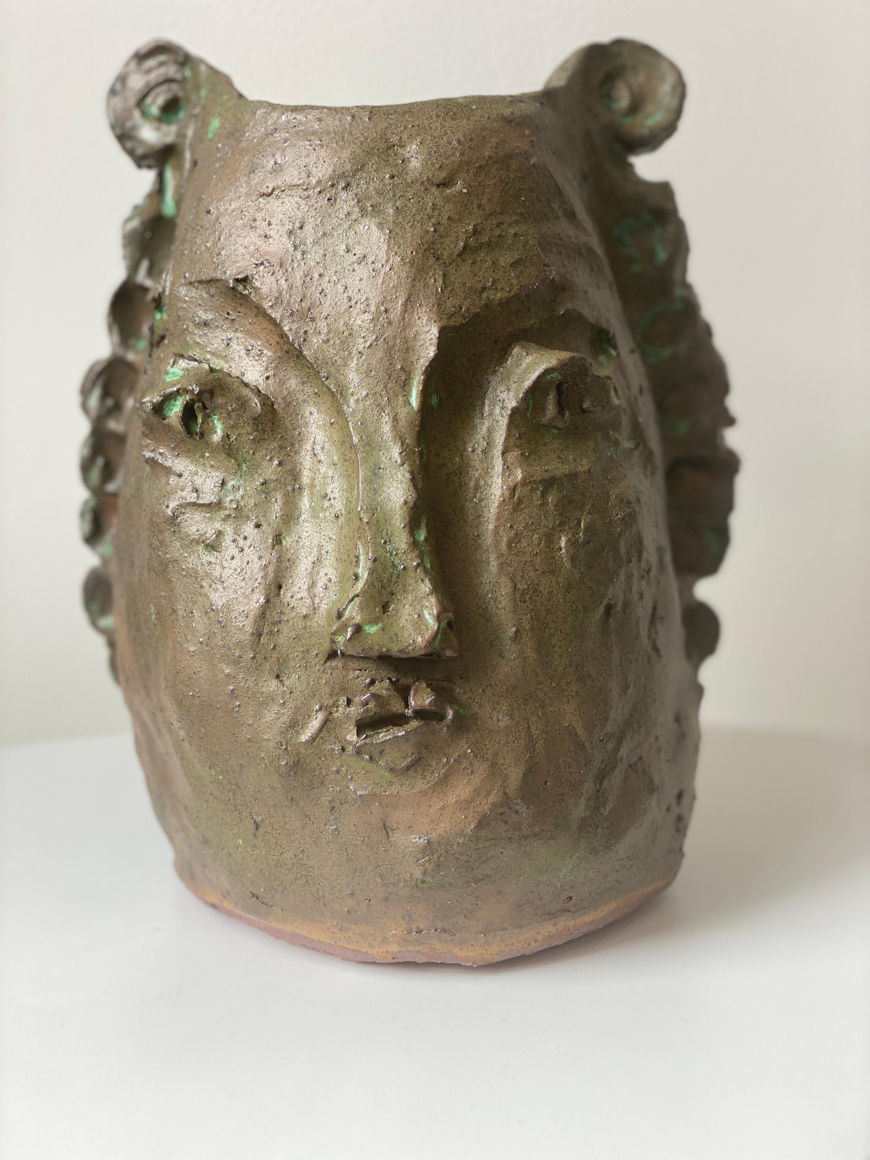 Tan green rustic wabi sabi hand sculpted glazed clay face vessel ancient head  For Sale 1