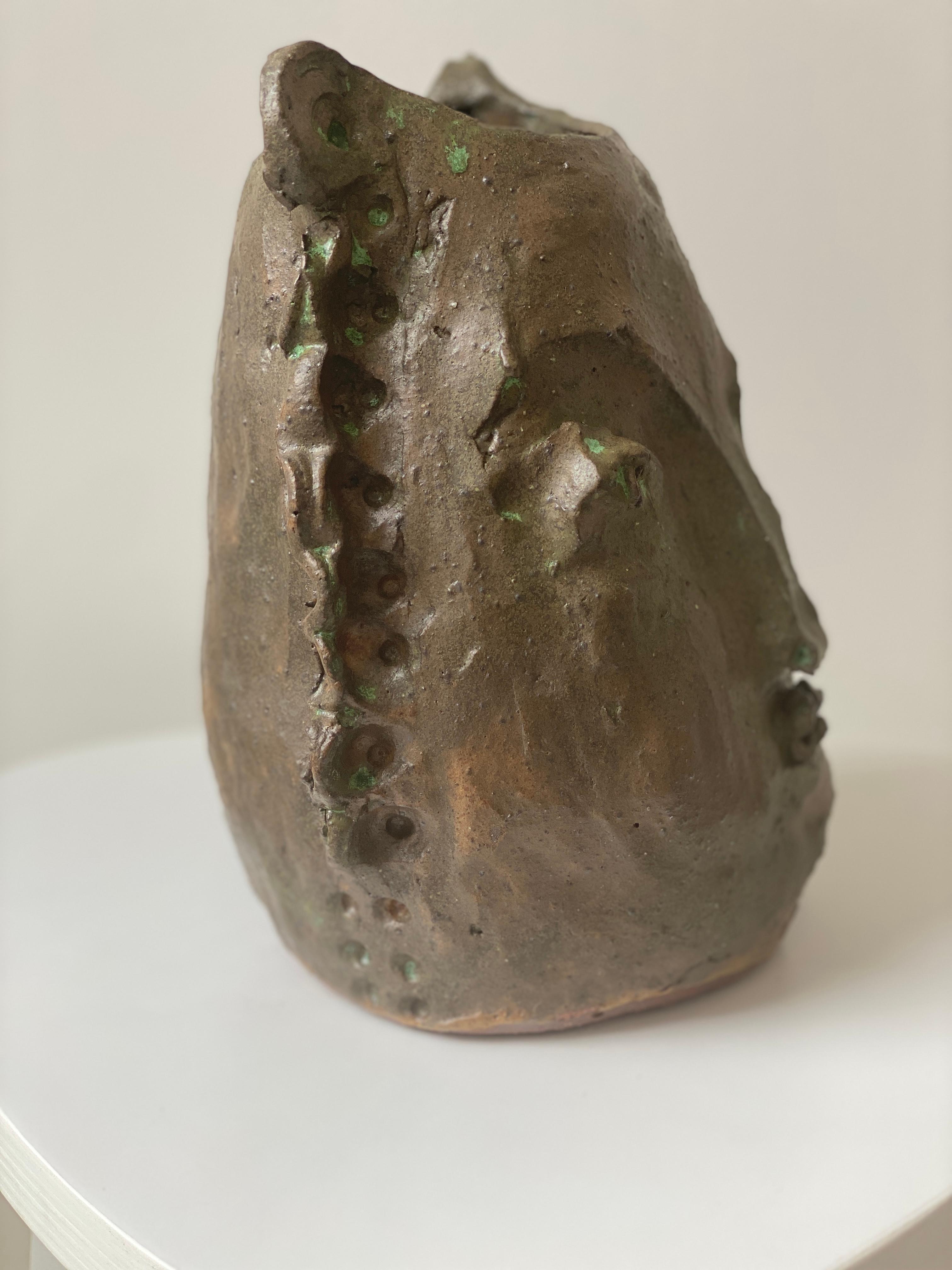 Tan green rustic wabi sabi hand sculpted glazed clay face vessel ancient head  For Sale 4