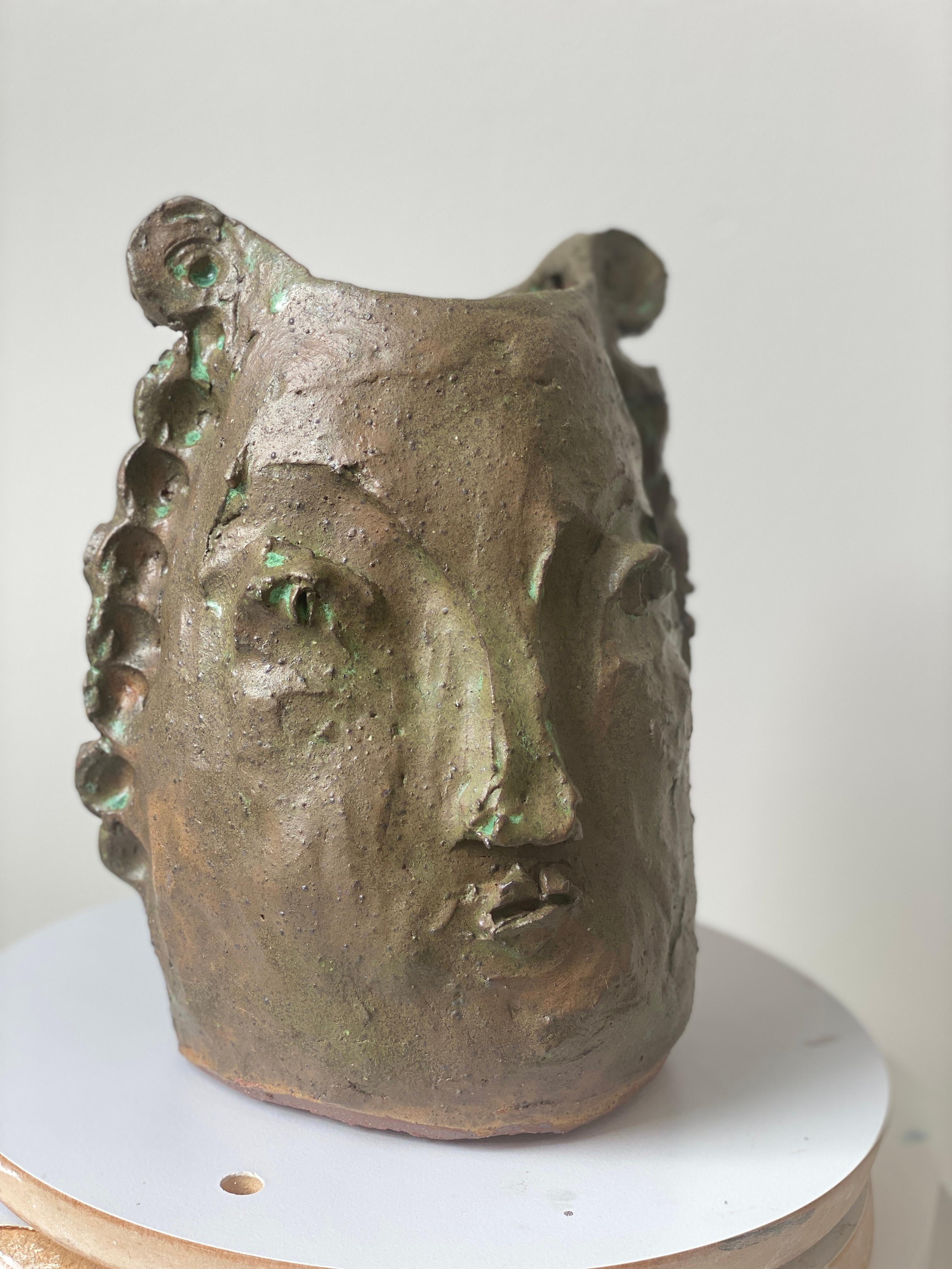 Tan green rustic wabi sabi hand sculpted glazed clay face vessel ancient head  For Sale 6