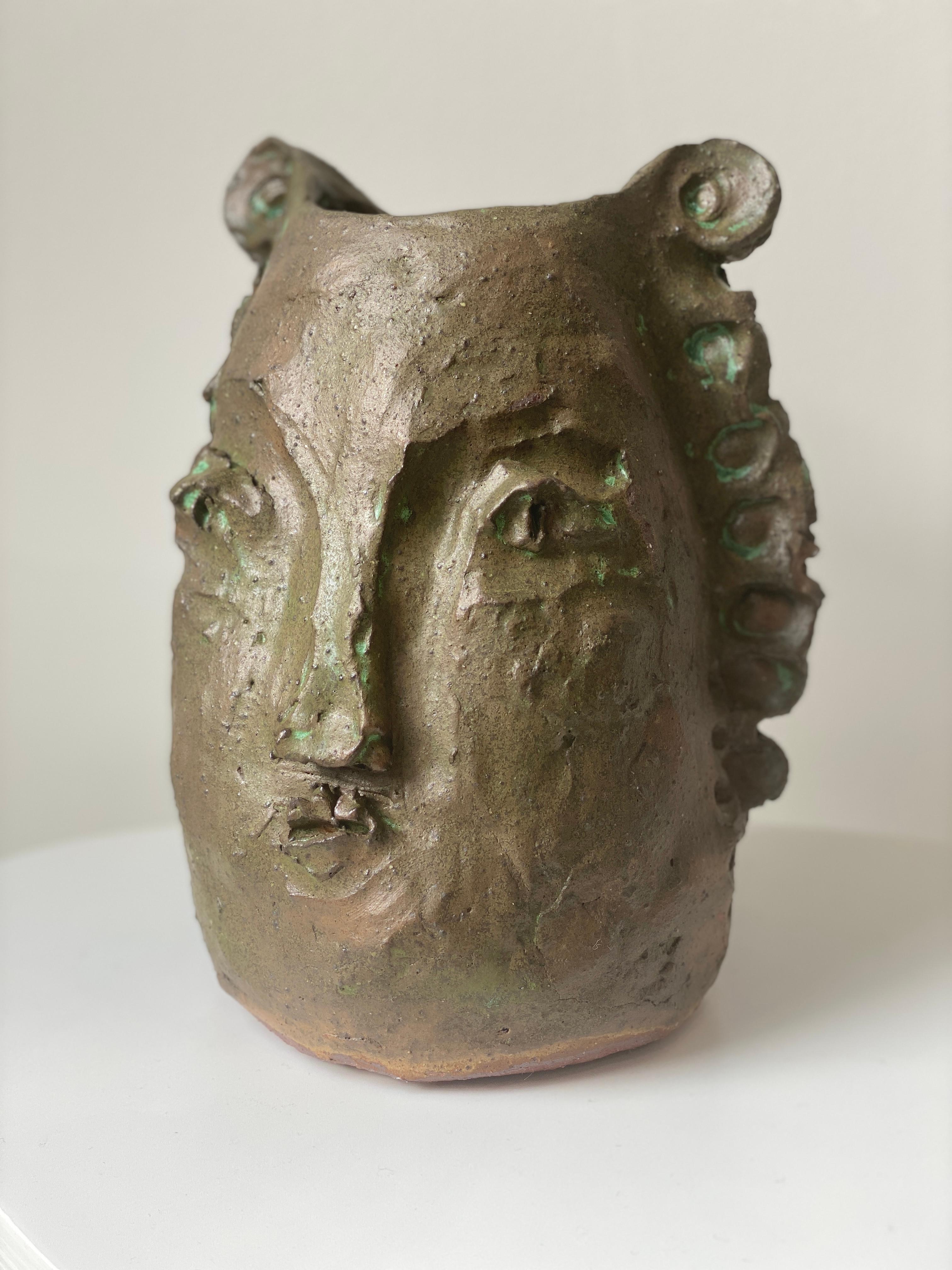 Kathleen Rhee Figurative Sculpture - Tan green rustic wabi sabi hand sculpted glazed clay face vessel ancient head 
