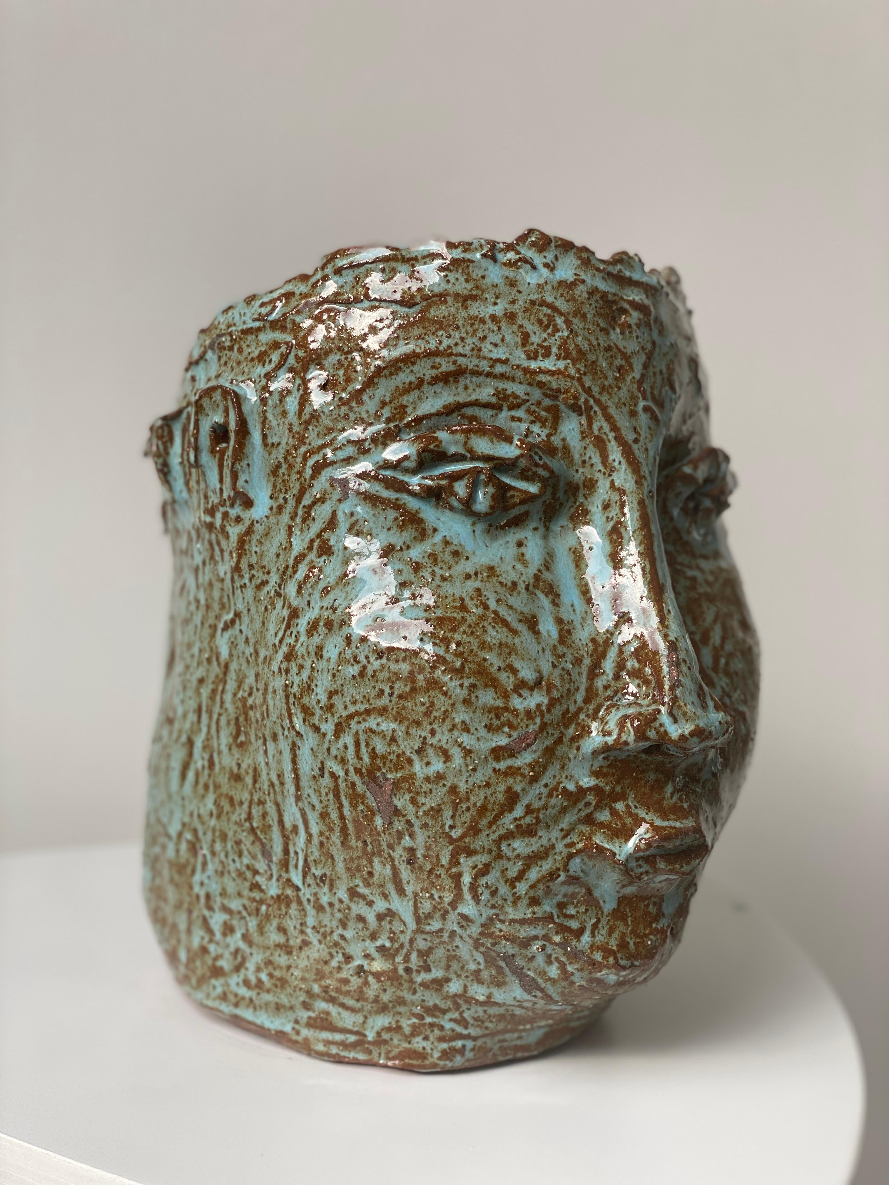 Turquoise sienna rustic wabi sabi hand sculpted glazed clay face vessel ancient  For Sale 6
