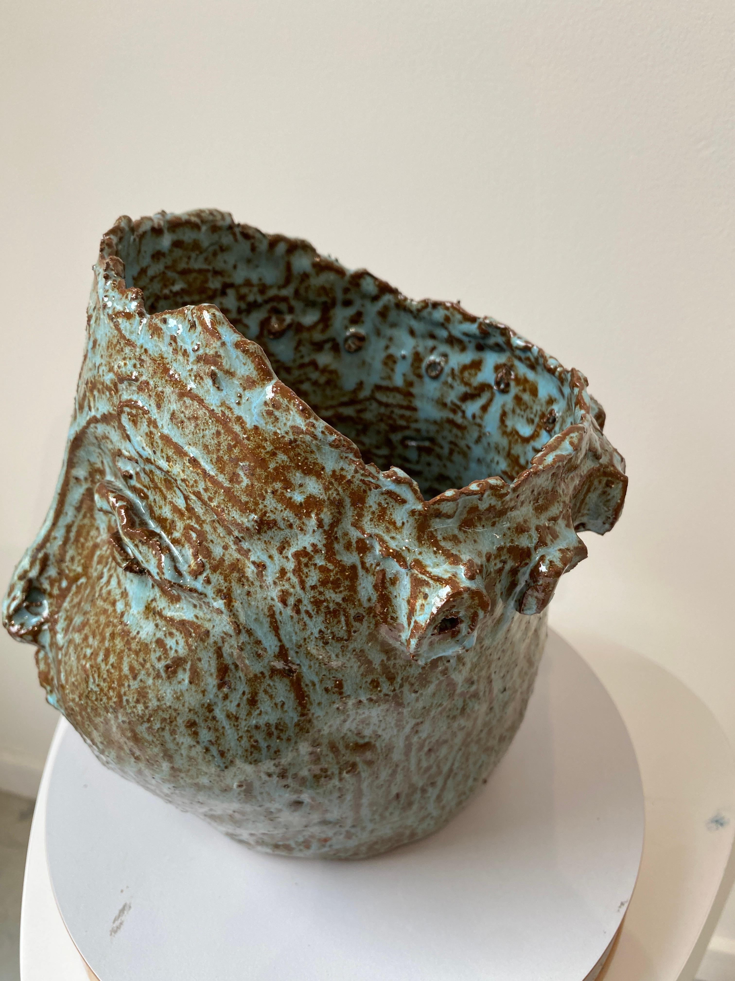 Turquoise sienna rustic wabi sabi hand sculpted glazed clay face vessel ancient  For Sale 8