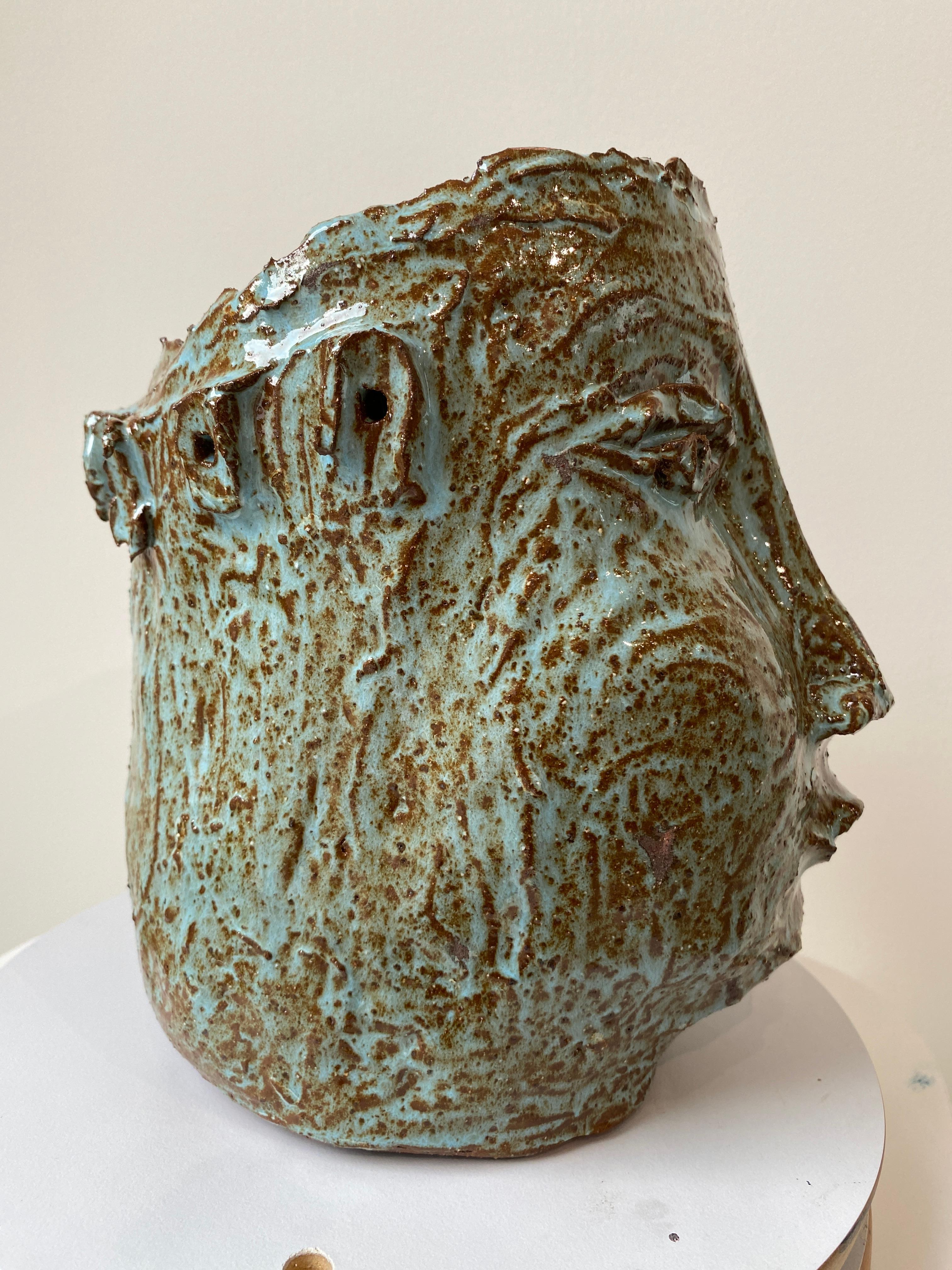 Turquoise sienna rustic wabi sabi hand sculpted glazed clay face vessel ancient  For Sale 9