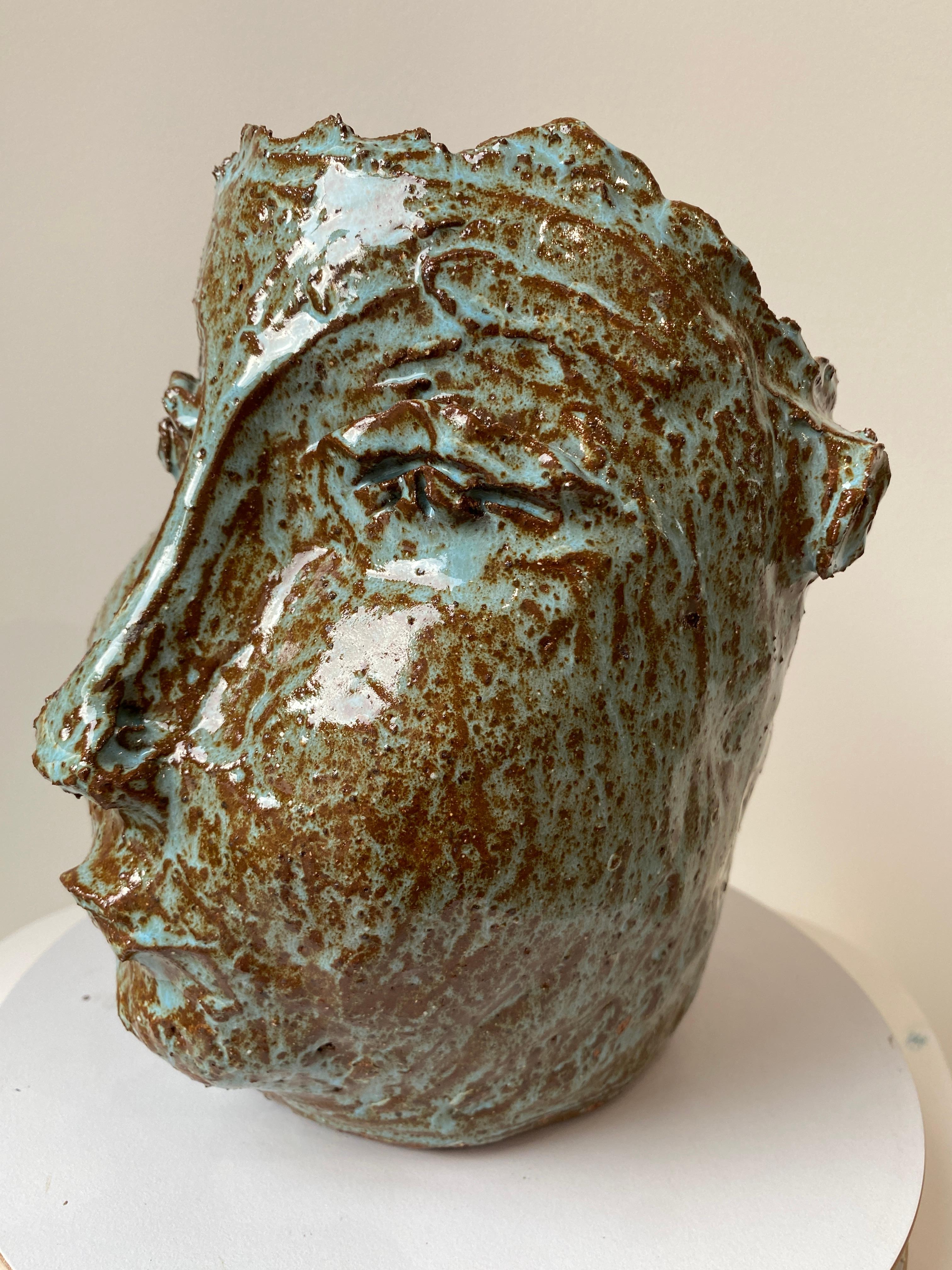 Turquoise sienna rustic wabi sabi hand sculpted glazed clay face vessel ancient  For Sale 12