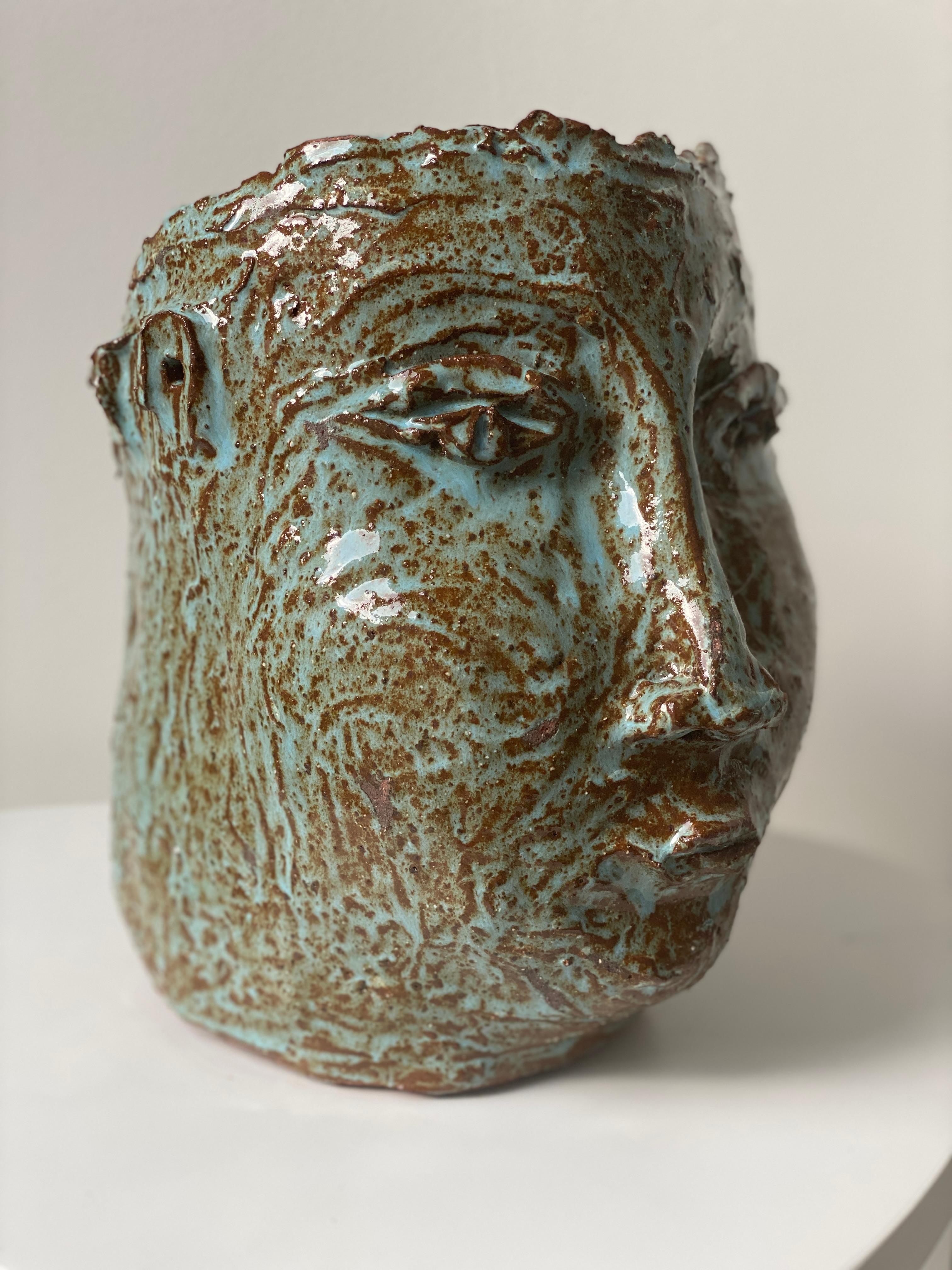 Turquoise sienna rustic wabi sabi hand sculpted glazed clay face vessel ancient  - Sculpture by Kathleen Rhee