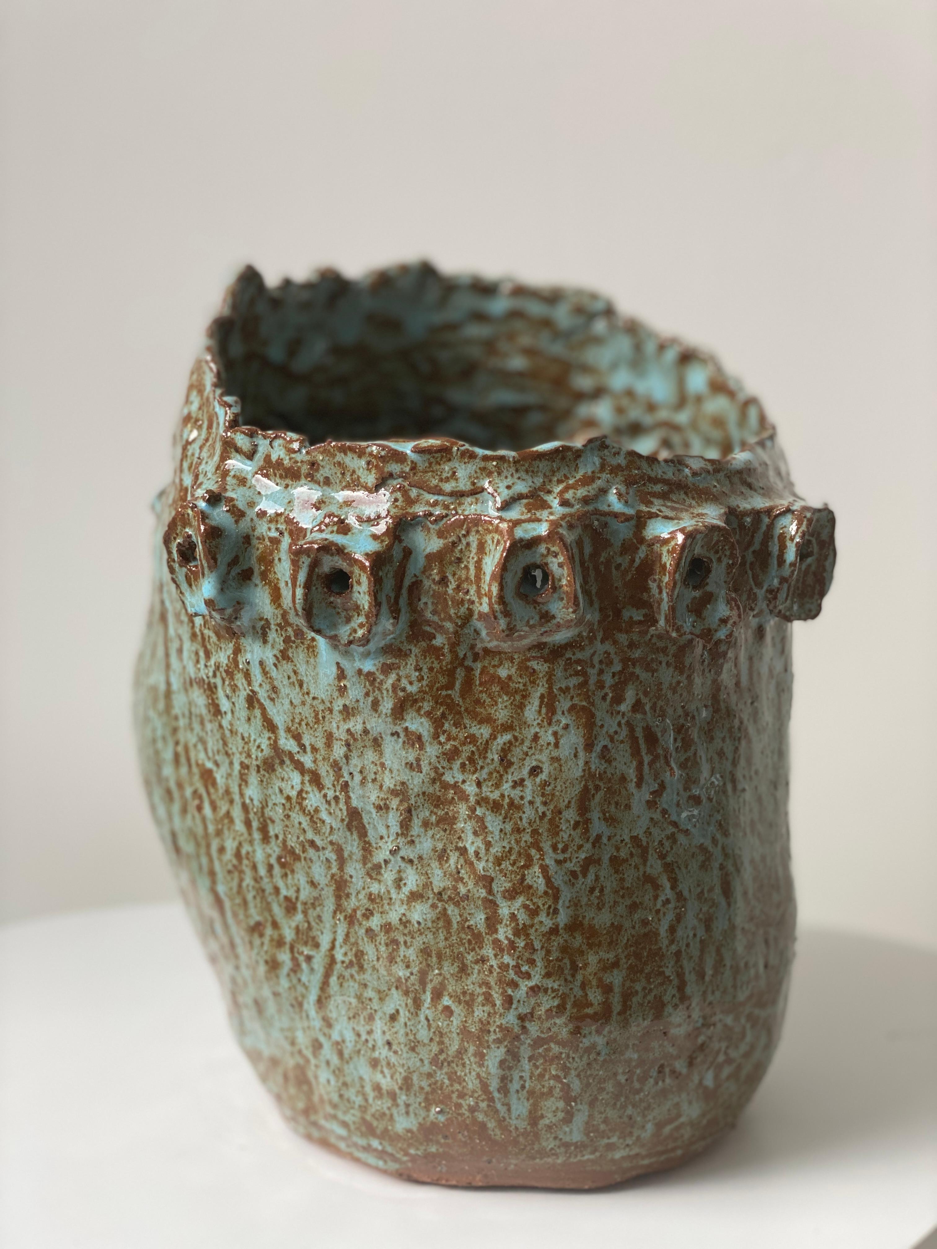 Turquoise sienna rustic wabi sabi hand sculpted glazed clay face vessel ancient  For Sale 2