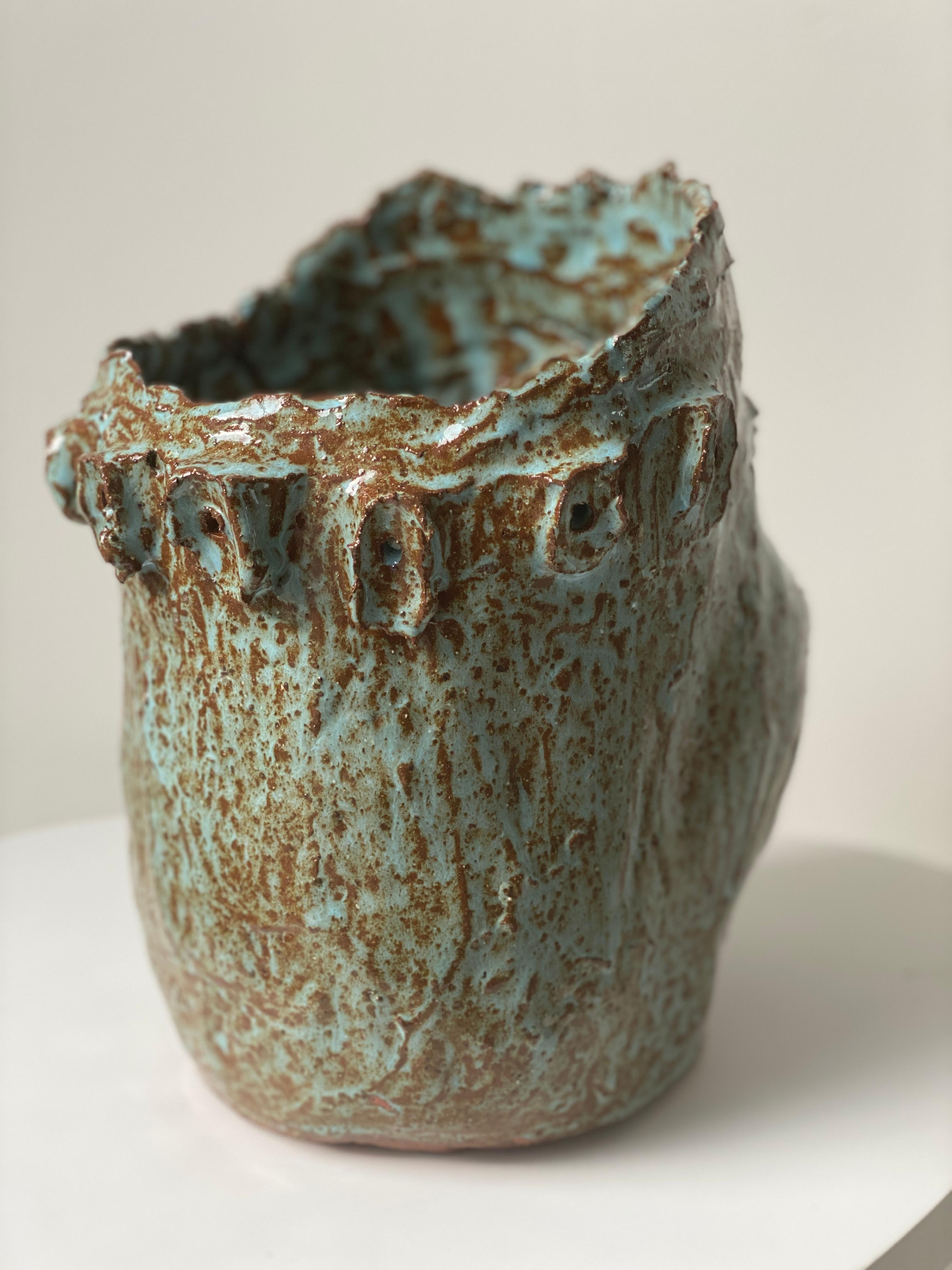 Turquoise sienna rustic wabi sabi hand sculpted glazed clay face vessel ancient  For Sale 3