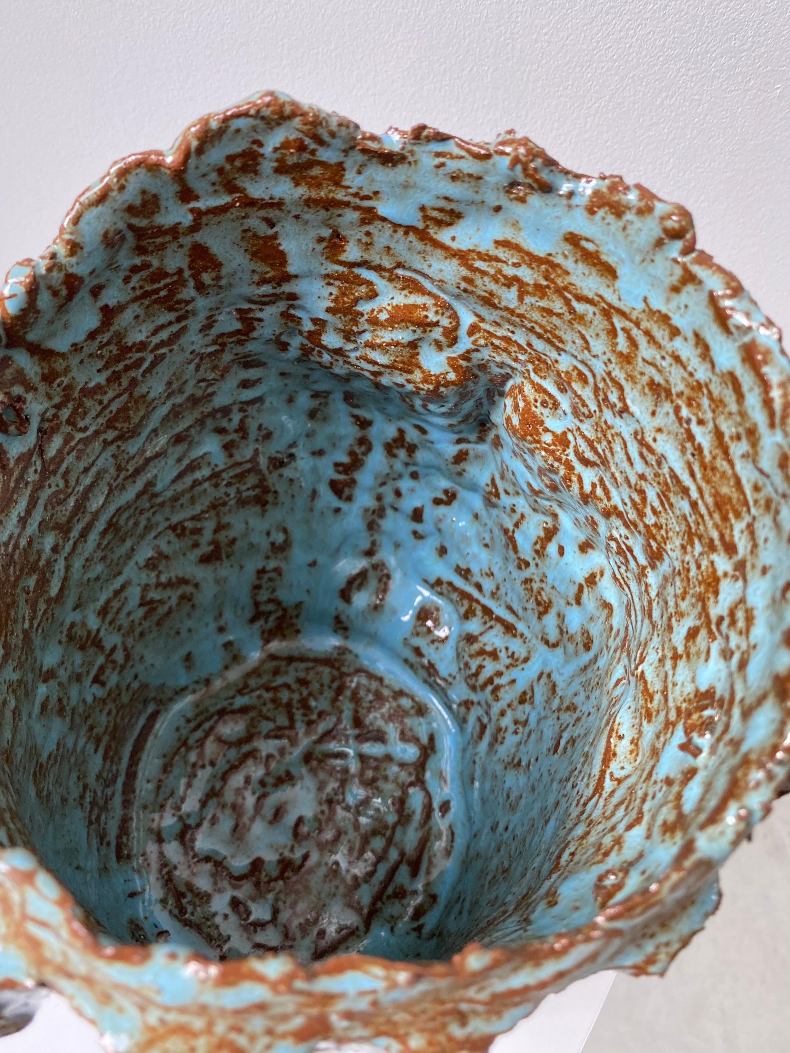 Turquoise sienna rustic wabi sabi hand sculpted glazed clay face vessel ancient  For Sale 4