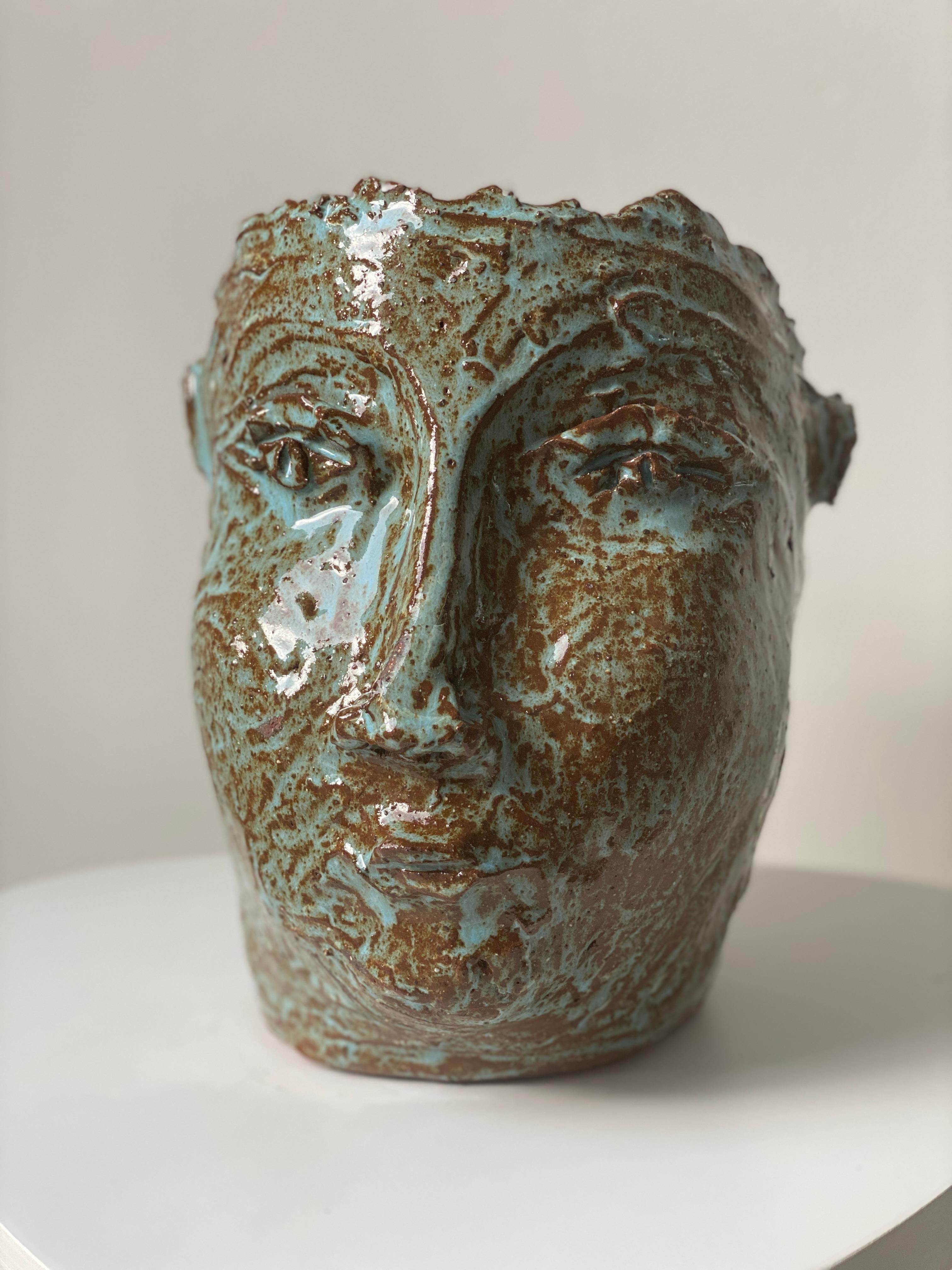 Kathleen Rhee Figurative Sculpture - Turquoise sienna rustic wabi sabi hand sculpted glazed clay face vessel ancient 