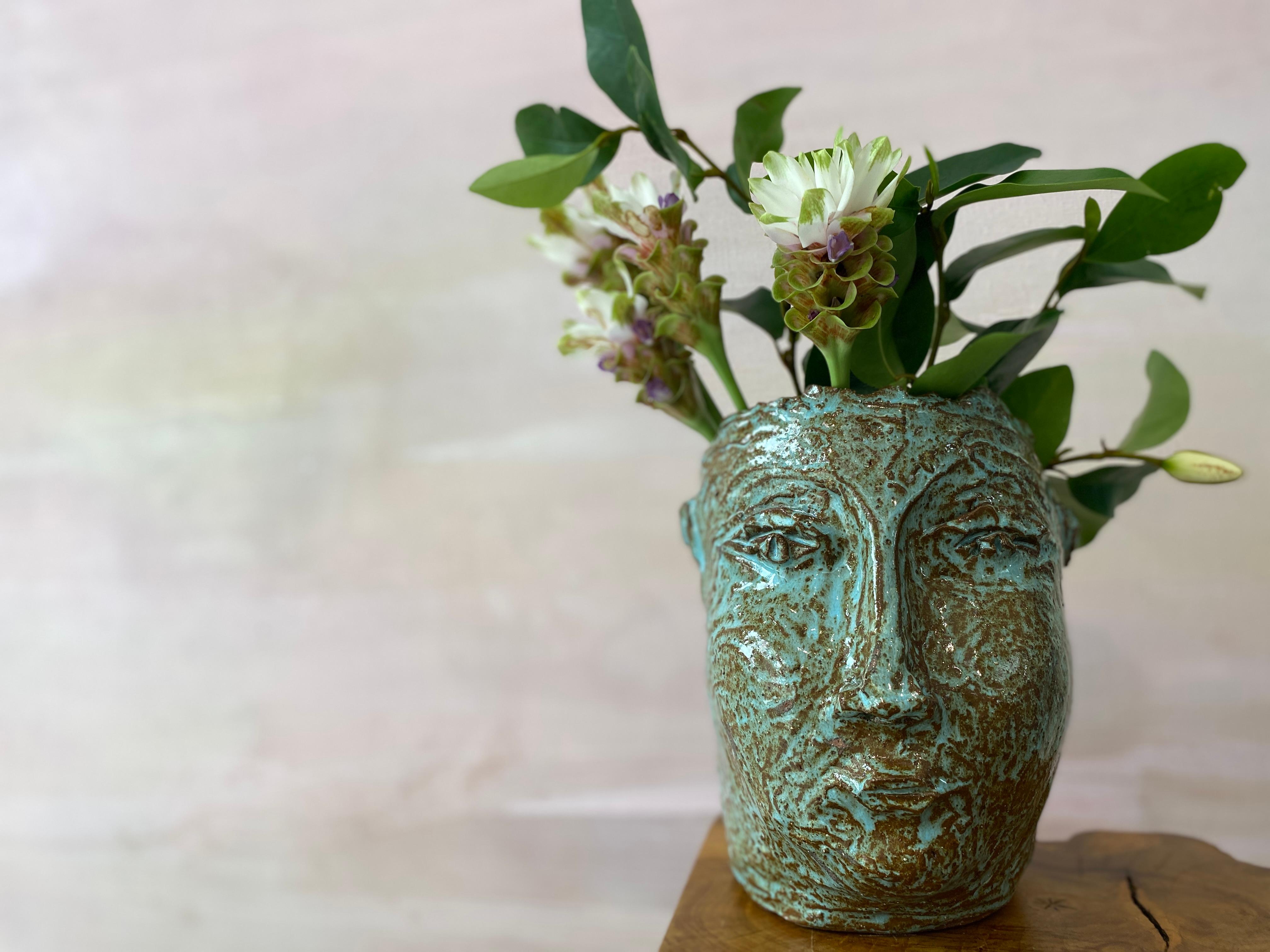 Turquoise sienna rustic wabi sabi hand sculpted glazed clay face vessel ancient  For Sale 15