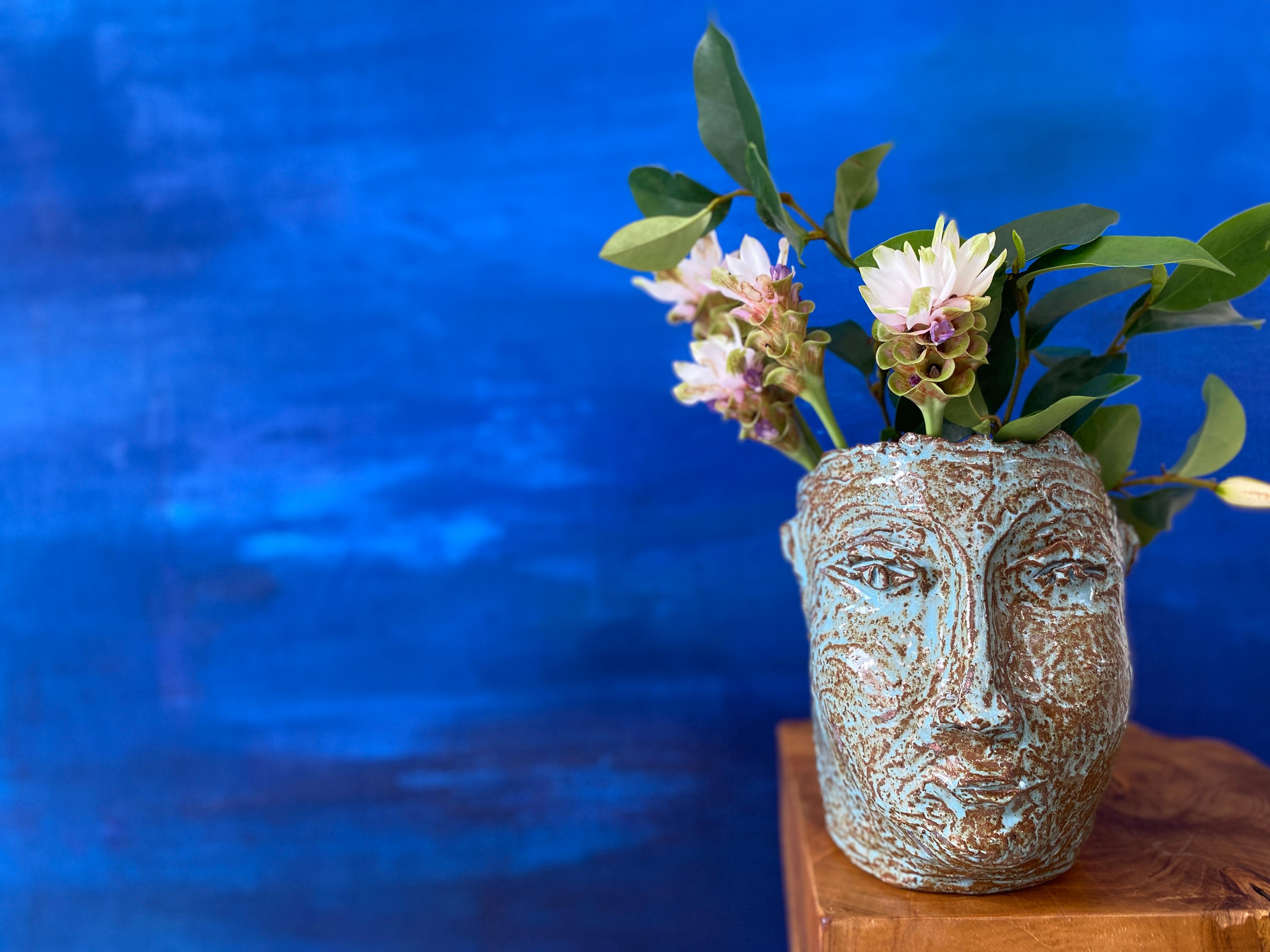 Turquoise sienna rustic wabi sabi hand sculpted glazed clay face vessel ancient  For Sale 16