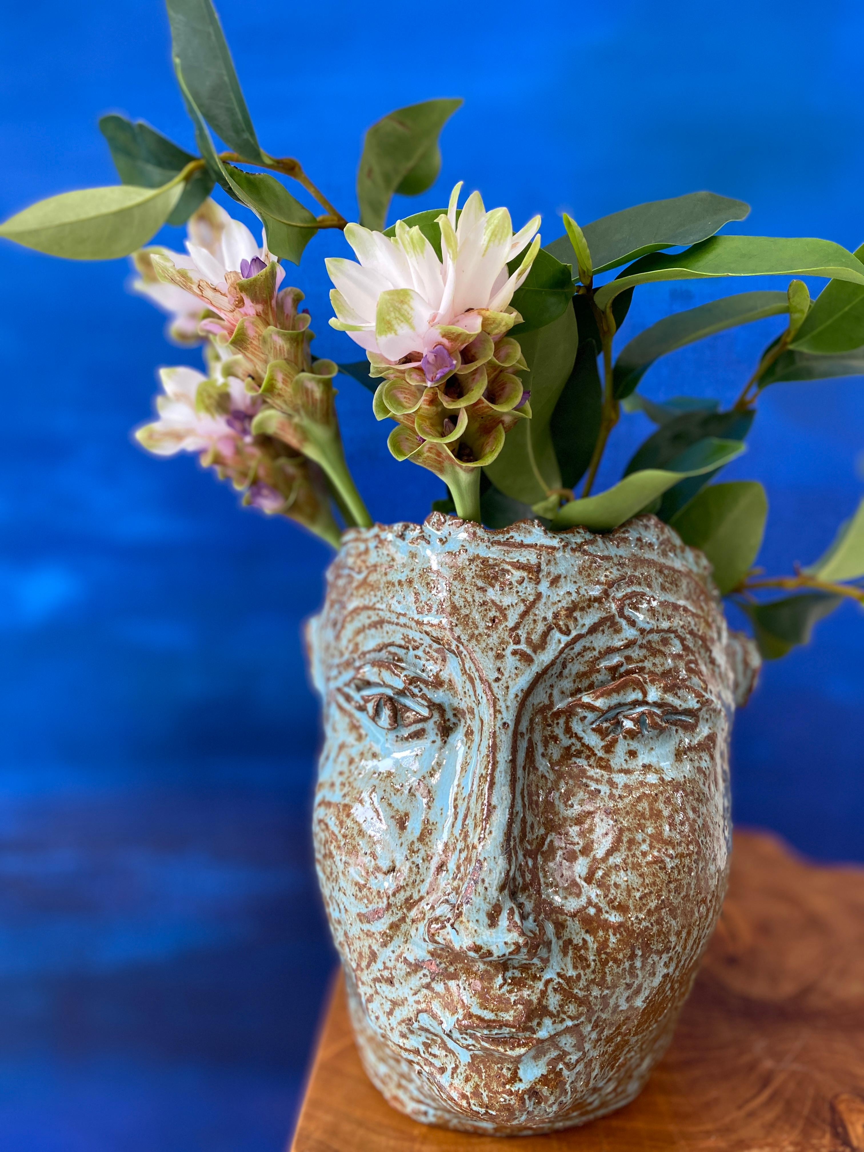 Turquoise sienna rustic wabi sabi hand sculpted glazed clay face vessel ancient  - Contemporary Sculpture by Kathleen Rhee