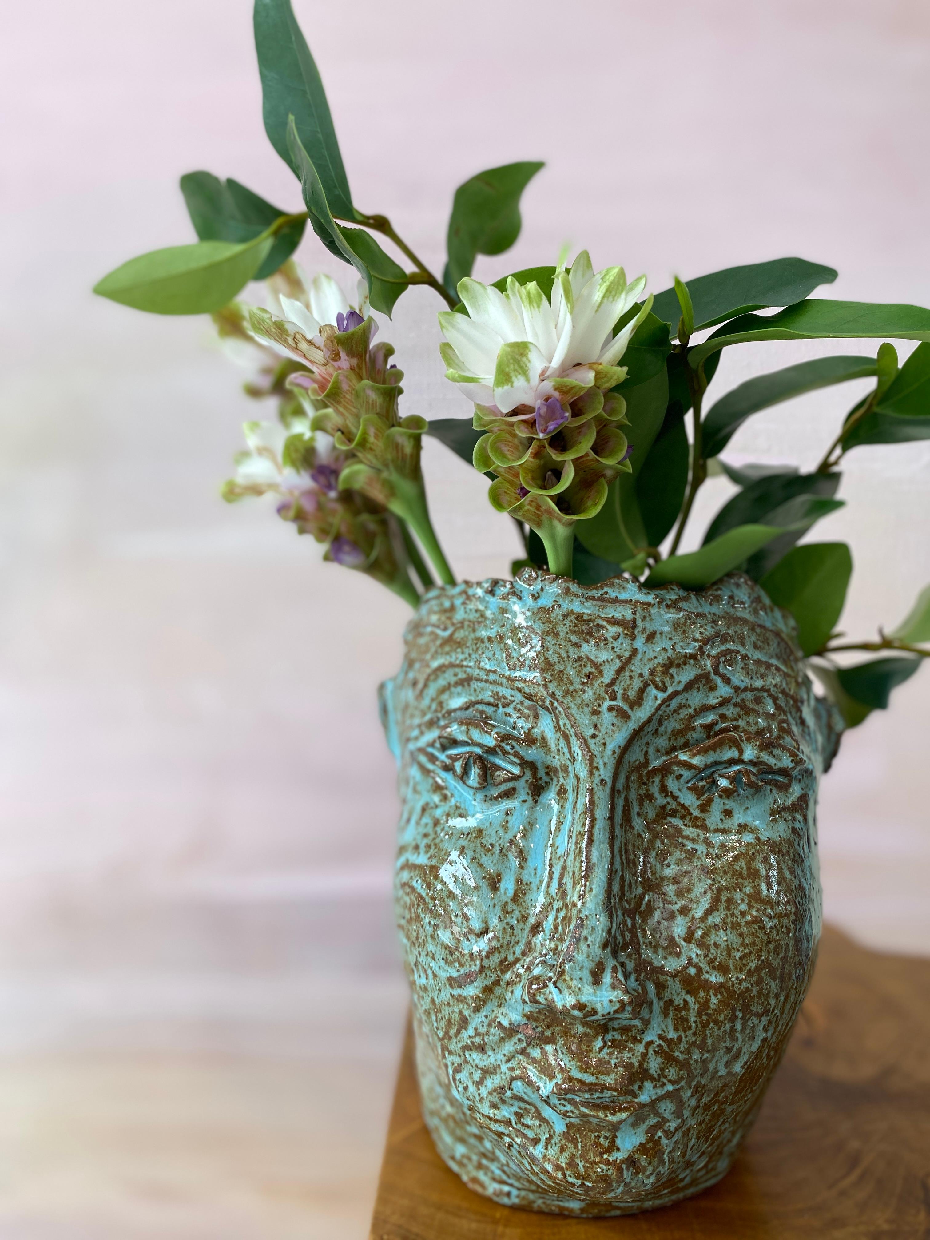 Turquoise sienna rustic wabi sabi hand sculpted glazed clay face vessel ancient  For Sale 1