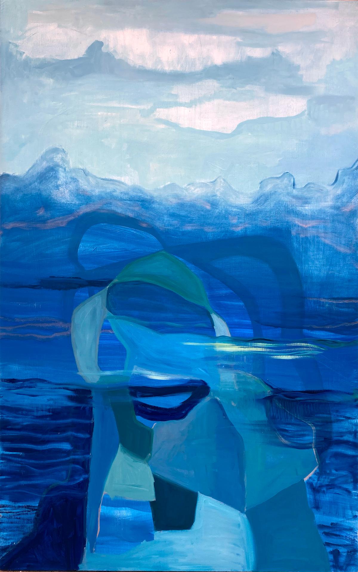 "Sub-mission (Watery Love)", Abstract, Mountain, Green, Blue, Oil Painting