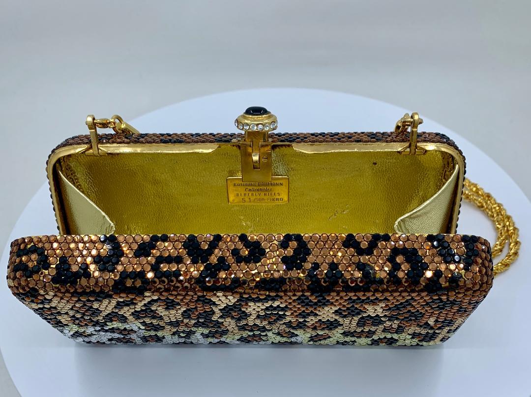 Kathrine Baumann Leopard Design Swarovski Crystal Minaudiere Evening Bag In Good Condition In Tustin, CA