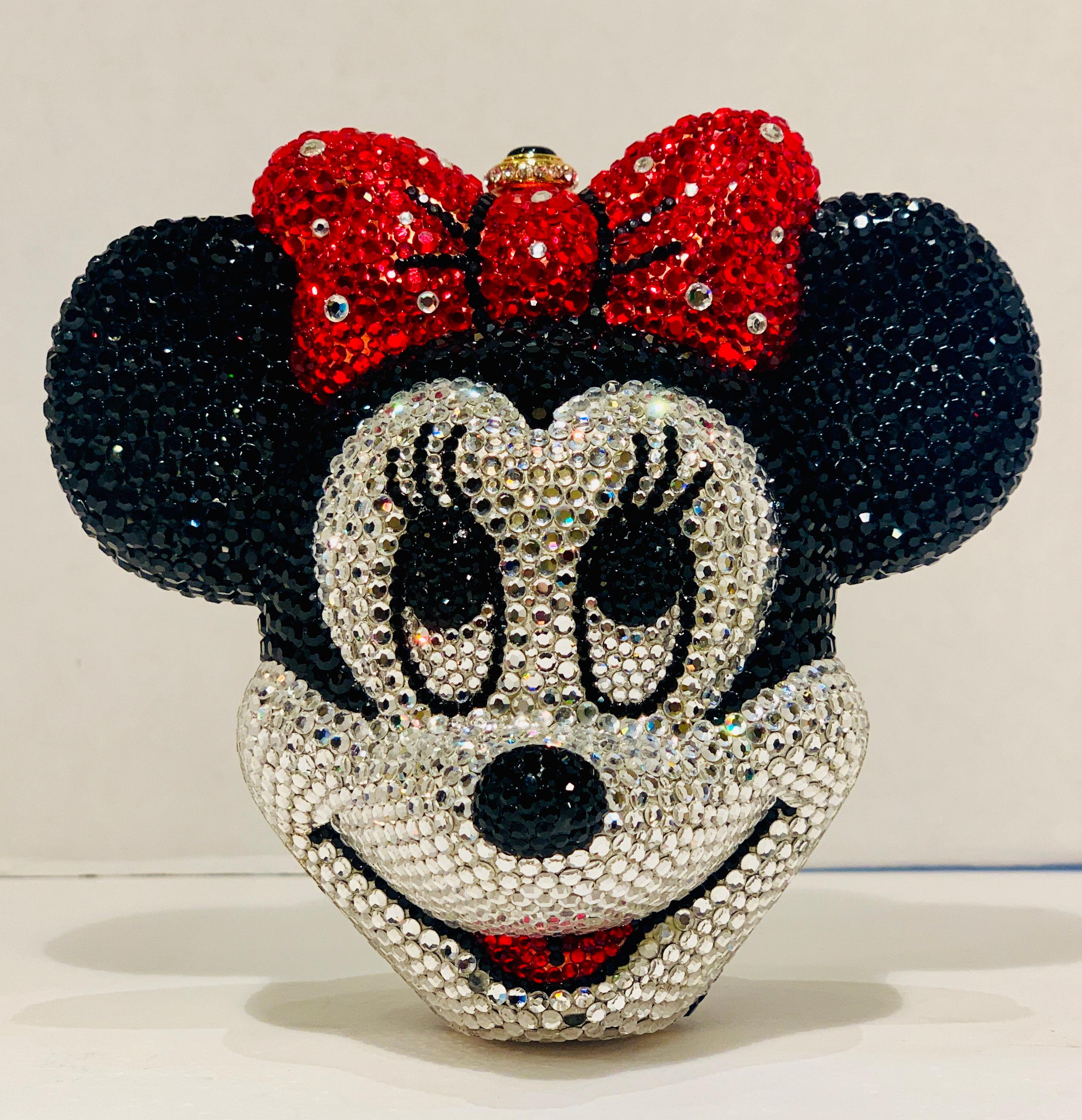 An exquisite, handmade, Swarovski crystal encrusted, gold-plated metal Disney (Trademarked) Minnie Mouse head shaped minaudière evening bag purse by Kathrine Baumann, who is the celebrated handbag maker to the stars. 

Features a silver metal rope