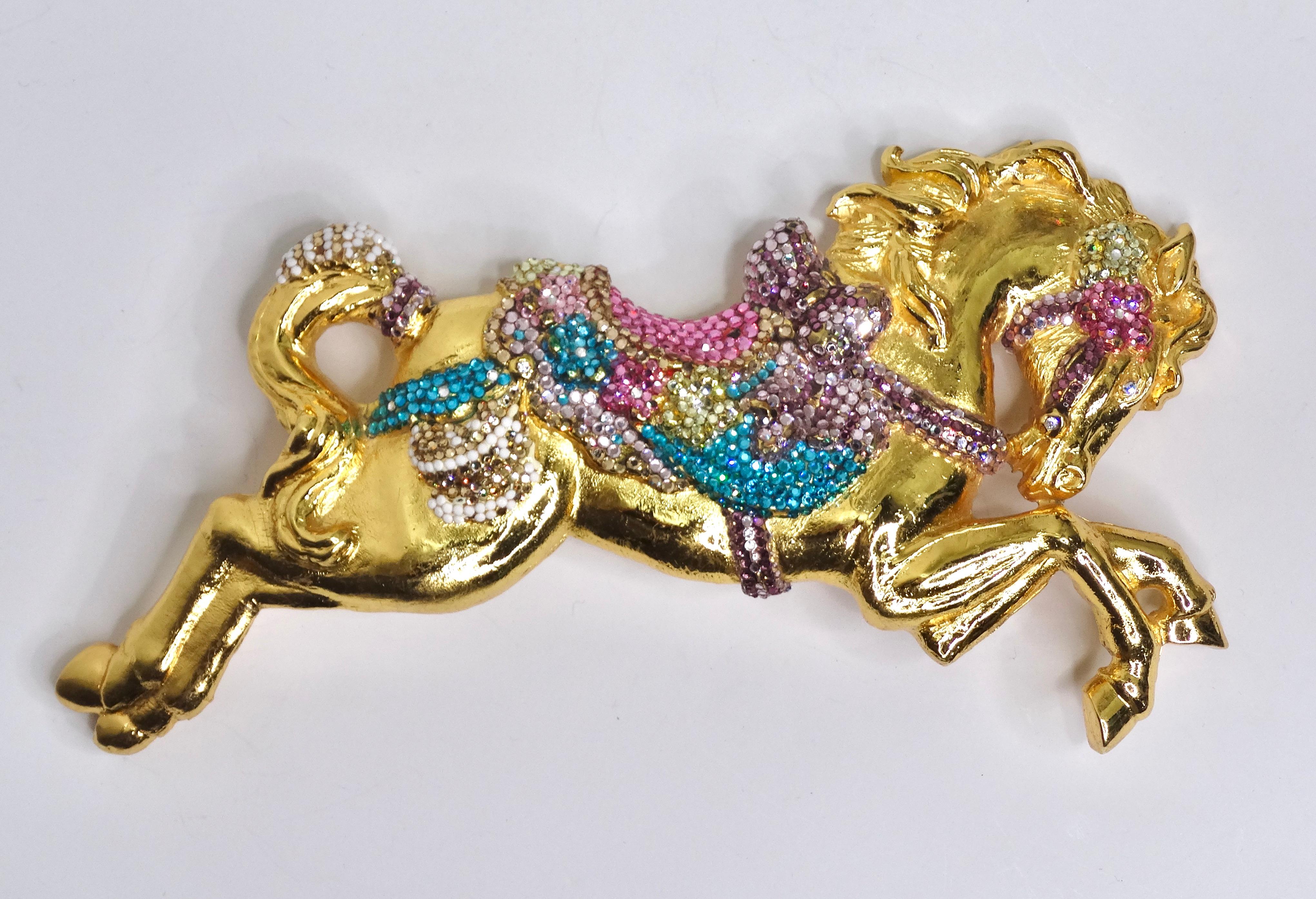 Calling all horse lovers! Add some GLAM to your belt buckle collection & catch someone's attention from across the room with the sparkle. This intricate horse belt buckle is designed and signed by Kathrine Baumann in the 1990's and completely