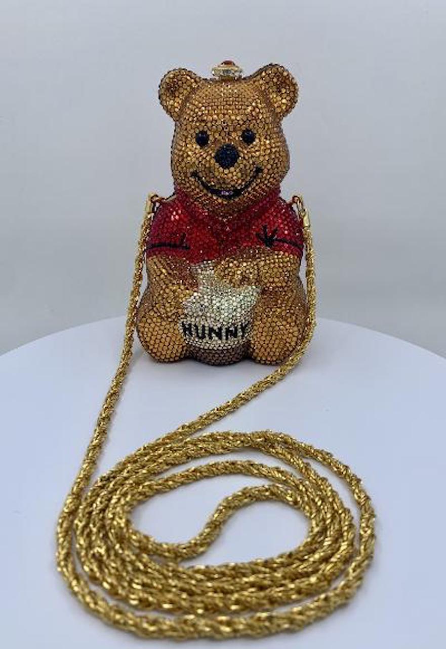Very collectible, rare and retired, handmade Swarovski crystal encrusted, gold-plated metal Disney (Trademarked) Winnie the Pooh with Honey Pot minaudière evening bag purse by designer, Kathrine Baumann, who is the celebrated handbag maker to the