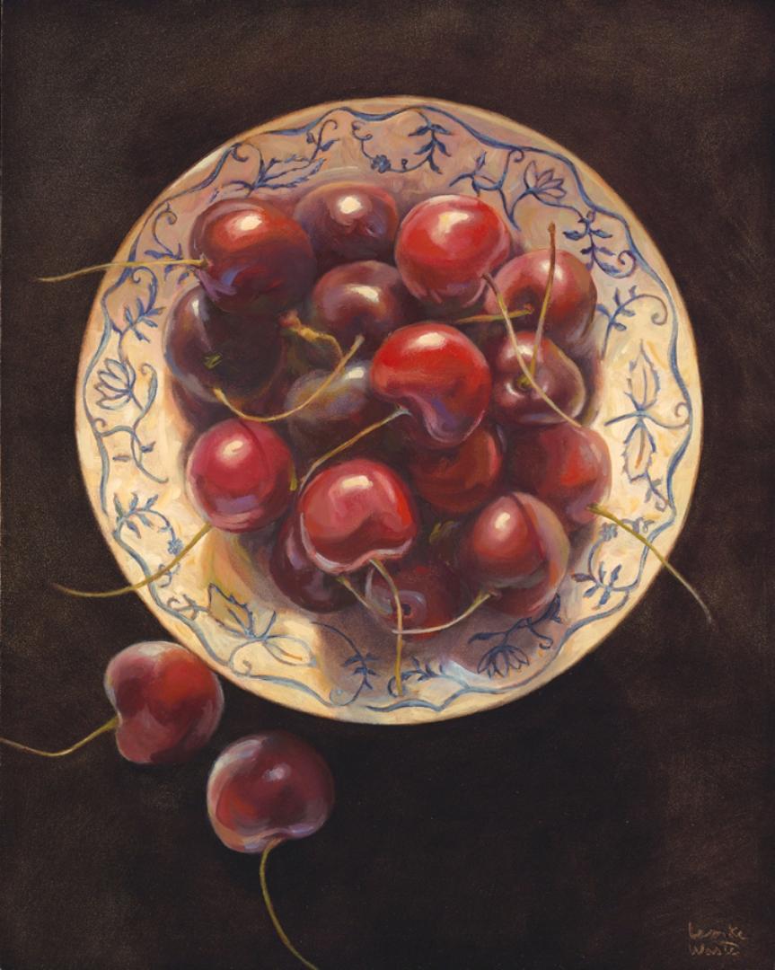 Kathrine Lemke Waste Figurative Painting - "Cherries in Blue and White"