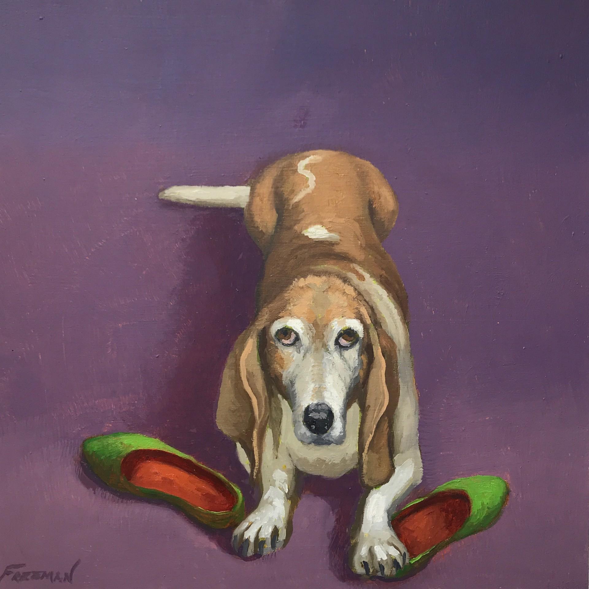 Kathryn Freeman - Basset Hound with Green Slippers For Sale at 1stDibs