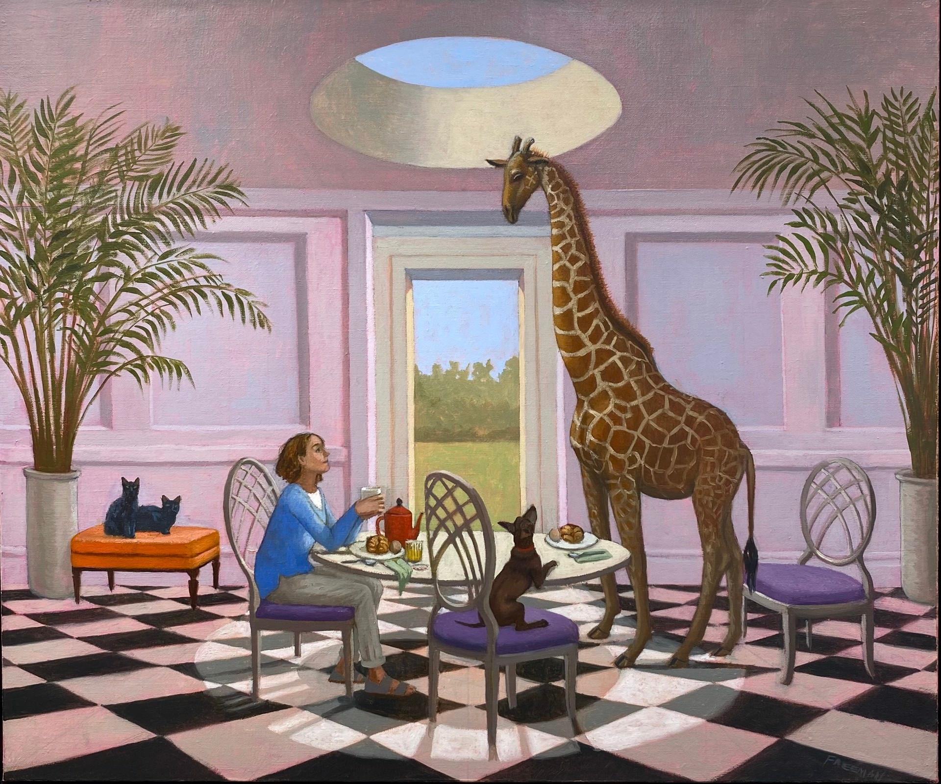Kathryn Freeman Animal Painting - "Breakfast with a Giraffe", magical realism a girl, her dog, cats and a giraffe