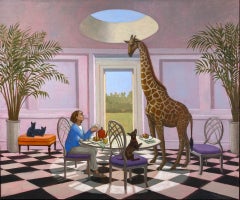 "Breakfast with a Giraffe", magical realism a girl, her dog, cats and a giraffe
