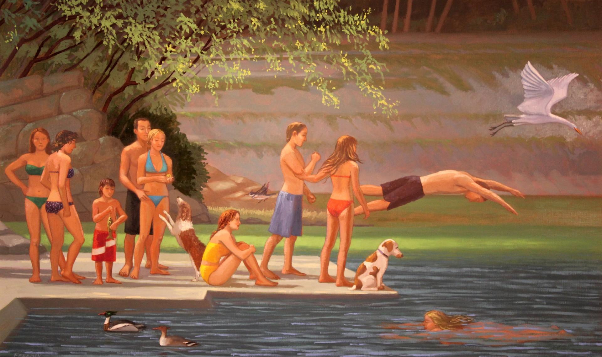 Kathryn Freeman Landscape Painting - Large Colorful Outdoor Landscape with Young Figures Having Fun on the River 