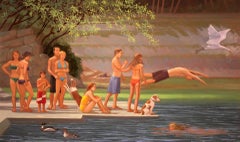 Brightly colored outdoor landscape with young figures diving at the river 