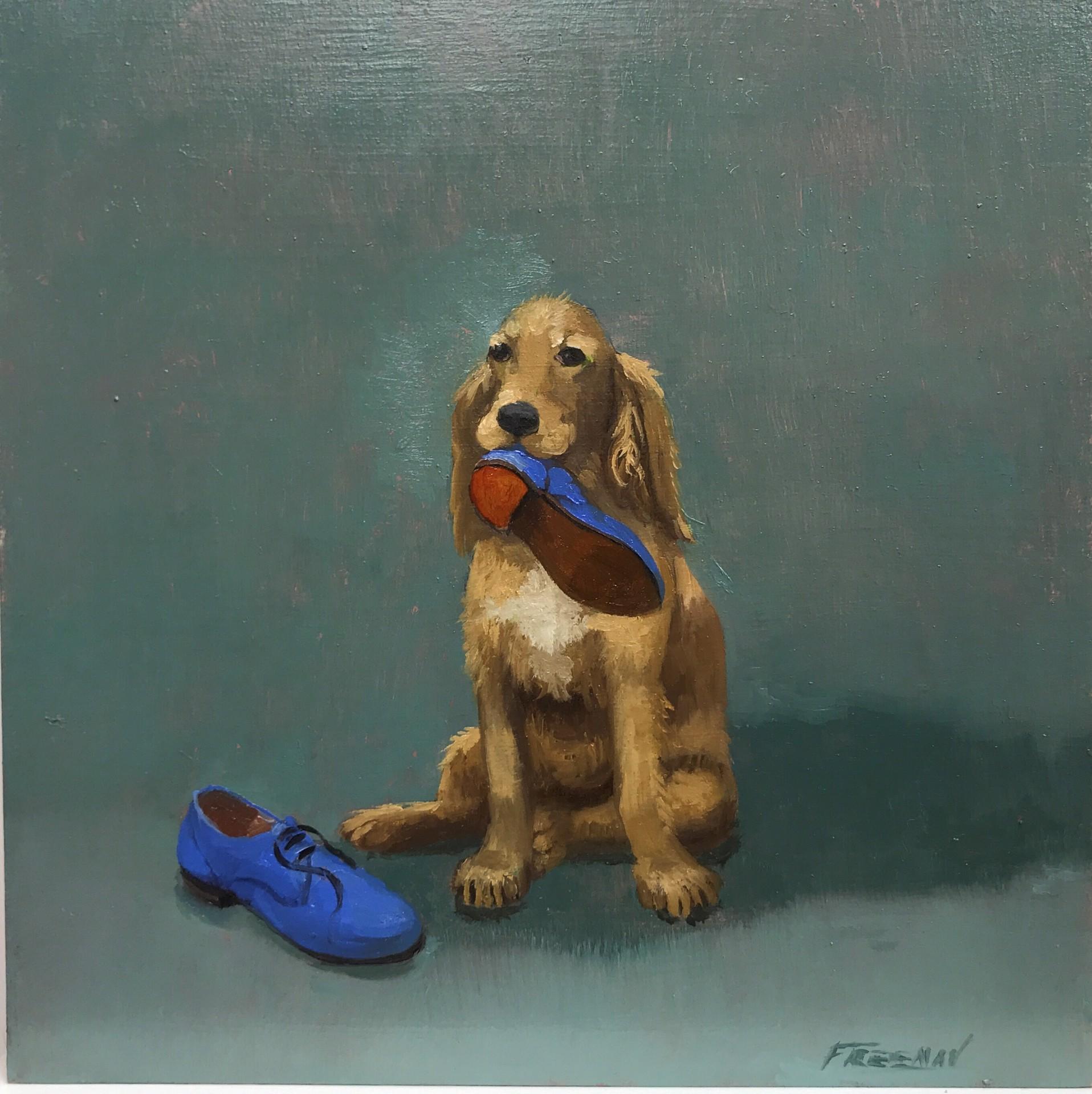 Kathryn Freeman Animal Painting - Cocker Spaniel Dog Painting with  Blue Suede Shoes Which are Still Intact!