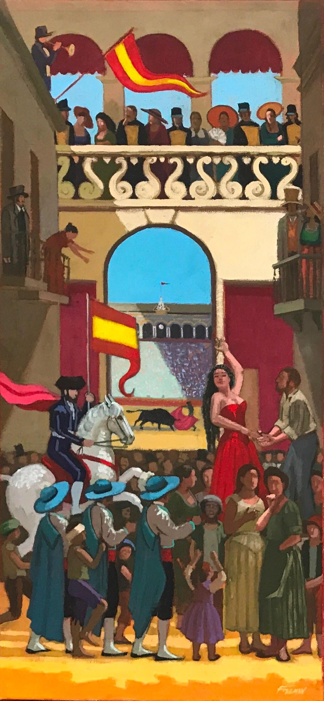 Trittico ad olio colorato per gli amanti dell'opera che raffigura: Carmen, Rigoletto, La Boheme - Painting di Kathryn Freeman