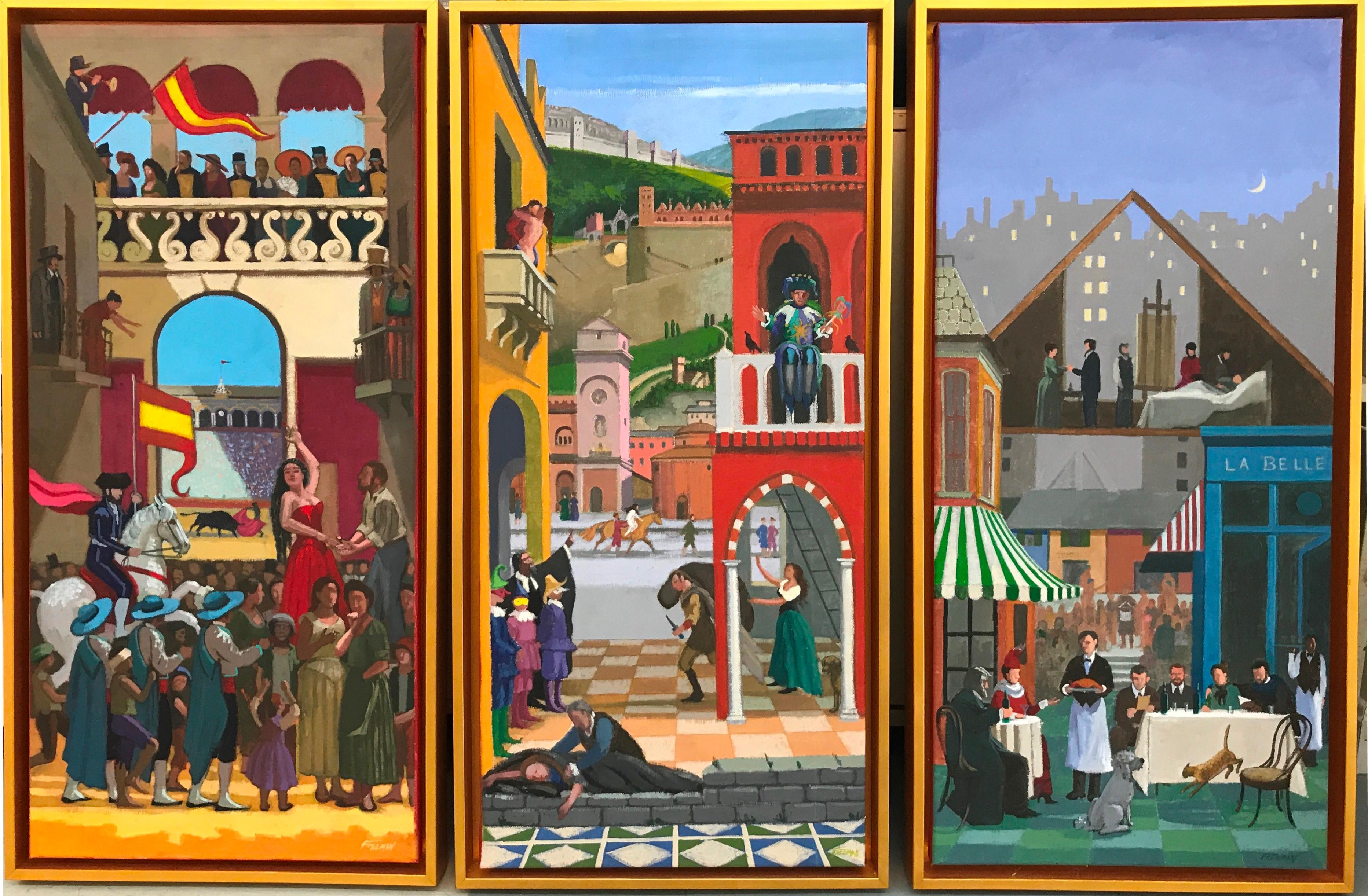 Colorful Oil Triptych for Opera Lovers Depicting: Carmen, Rigoletto, La Boheme 