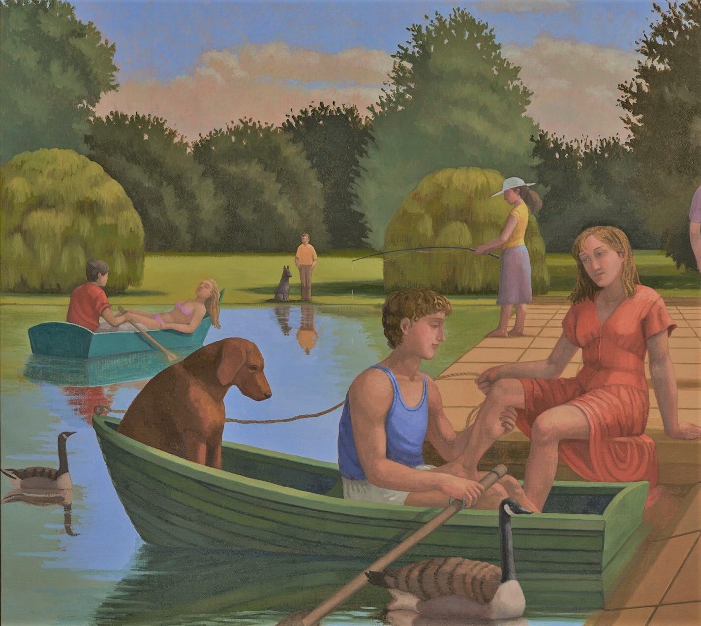 Paesaggio figurativo narrativo di un pomeriggio di relax a Hyde Park, Londra - Painting di Kathryn Freeman