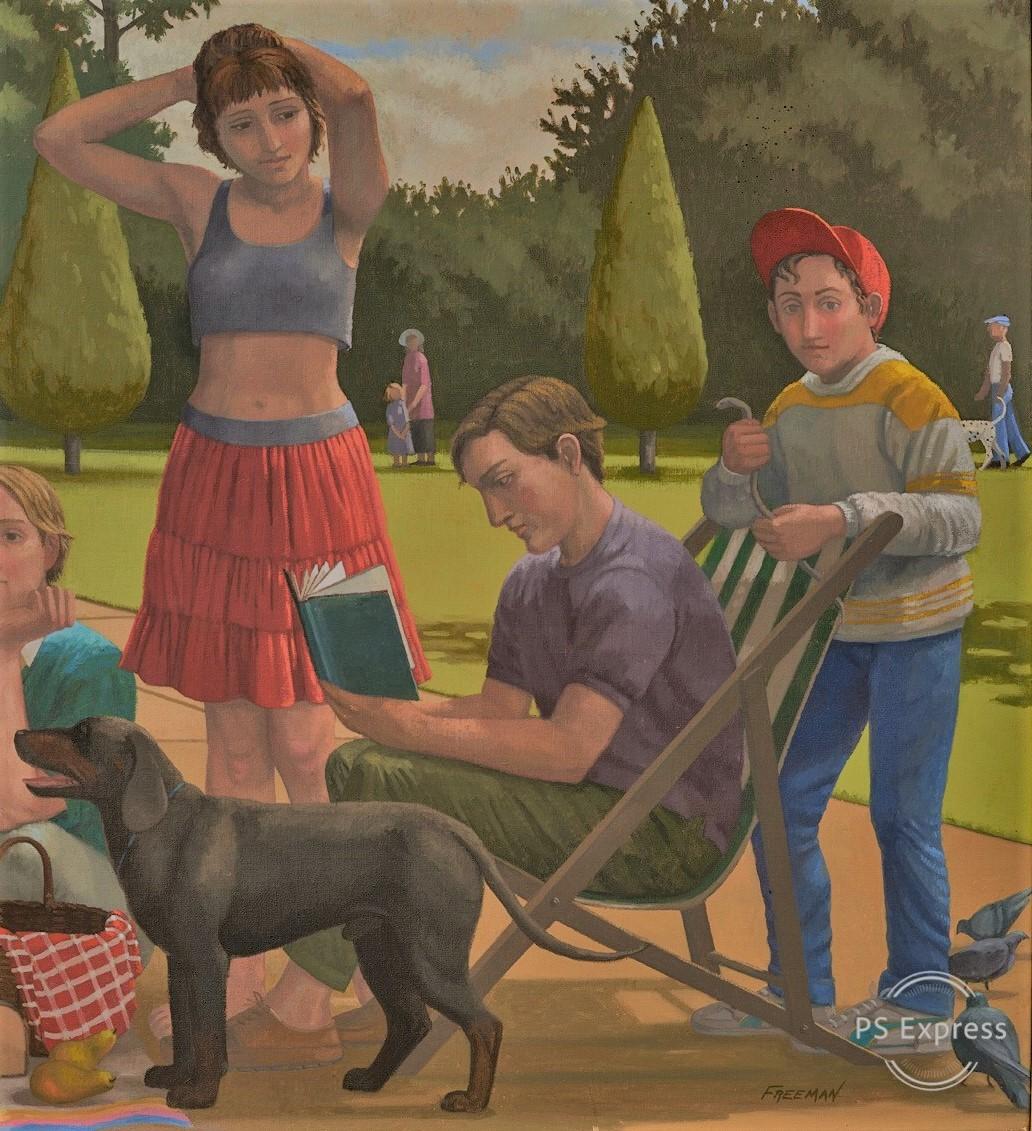 Narrative figurative landscape of a relaxing afternoon in Hyde Park, London - American Realist Painting by Kathryn Freeman