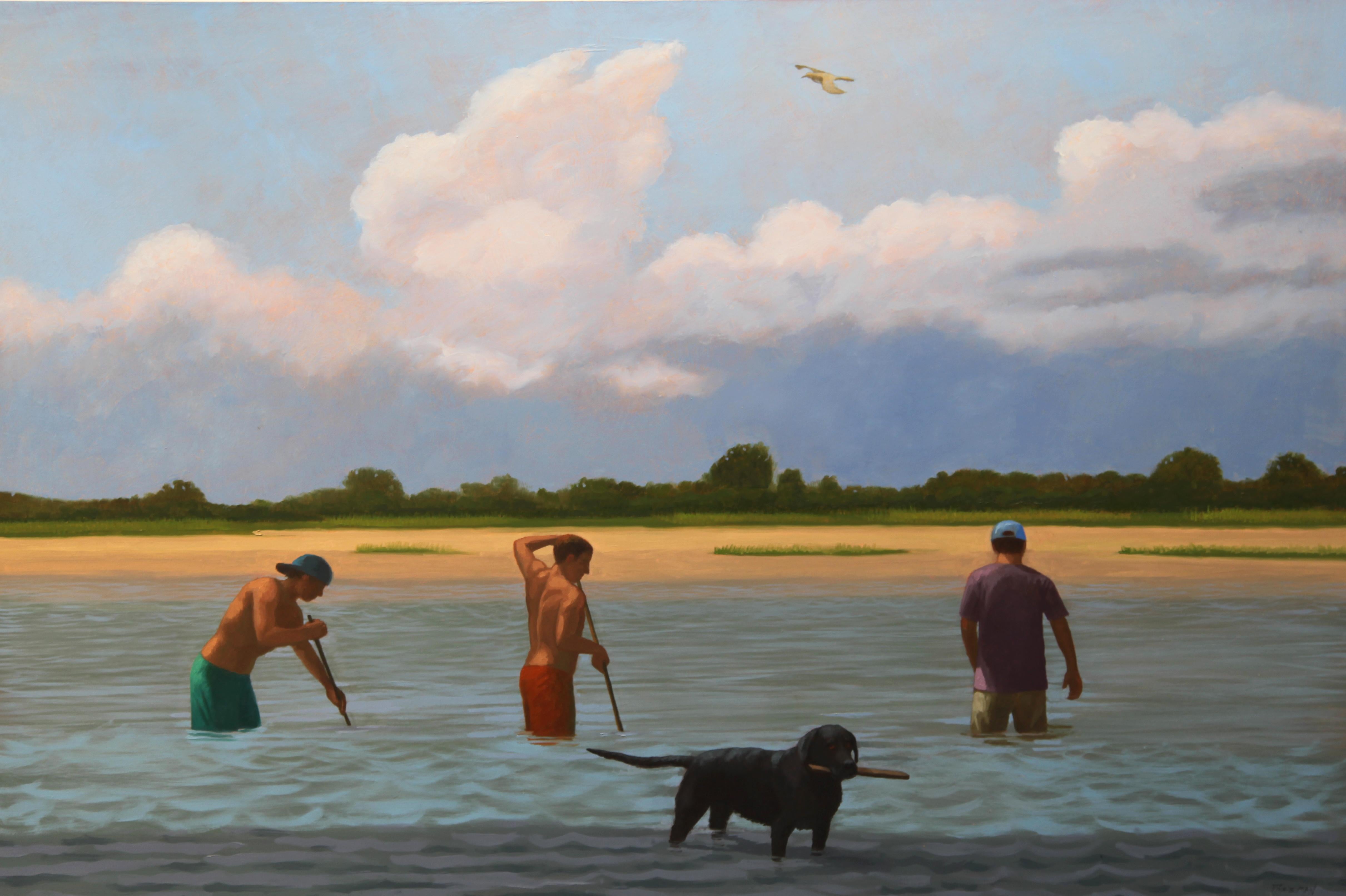 Kathryn Freeman Landscape Painting - Narrative Landscape of a Relaxing Afternoon with Young Men Clamming at the Beach