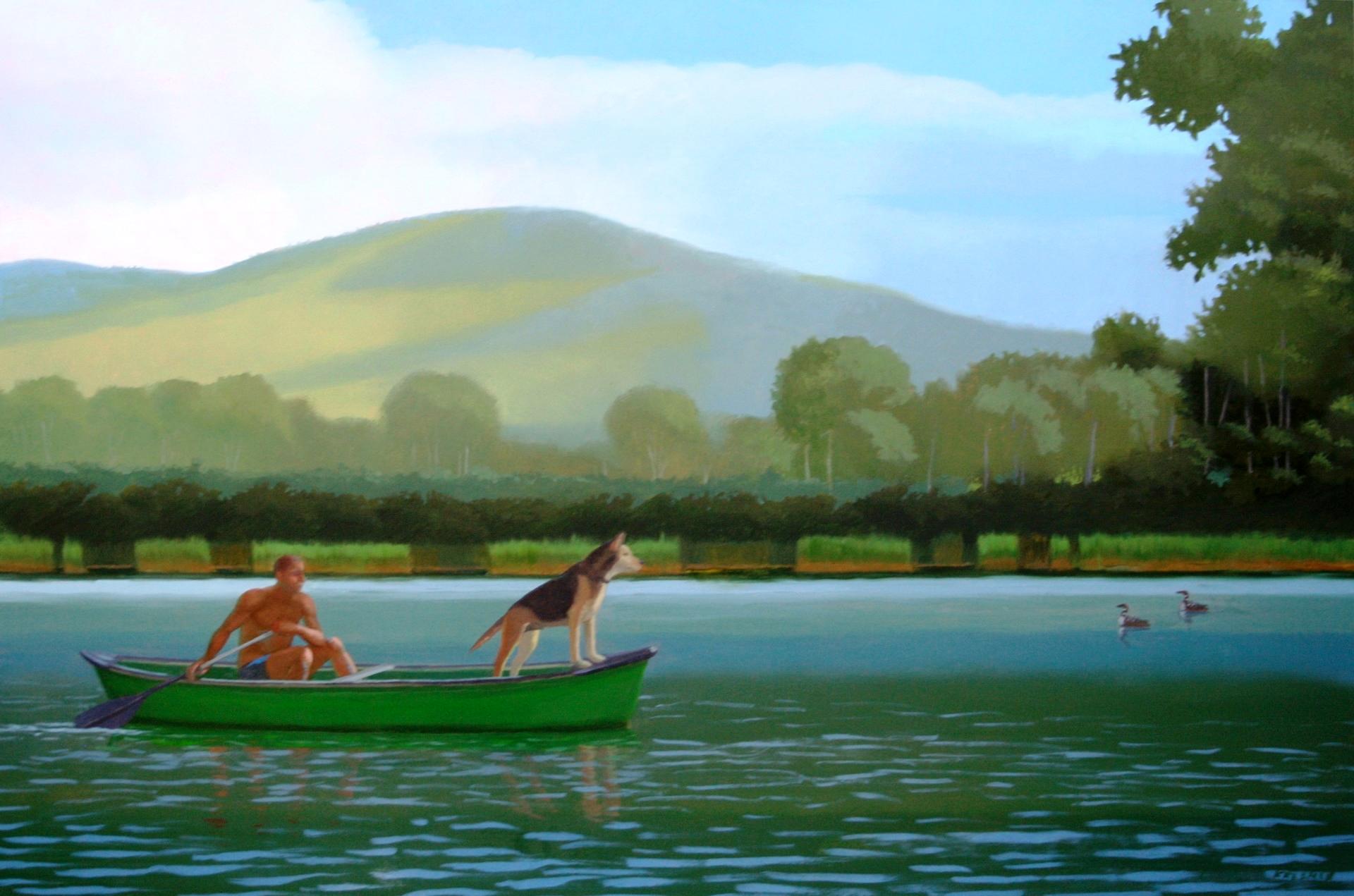Kathryn Freeman Landscape Painting – Serene Außenlandschaft eines Mannes beim Fischen mit seinem ersten Mateen, einem deutschen Hirten 