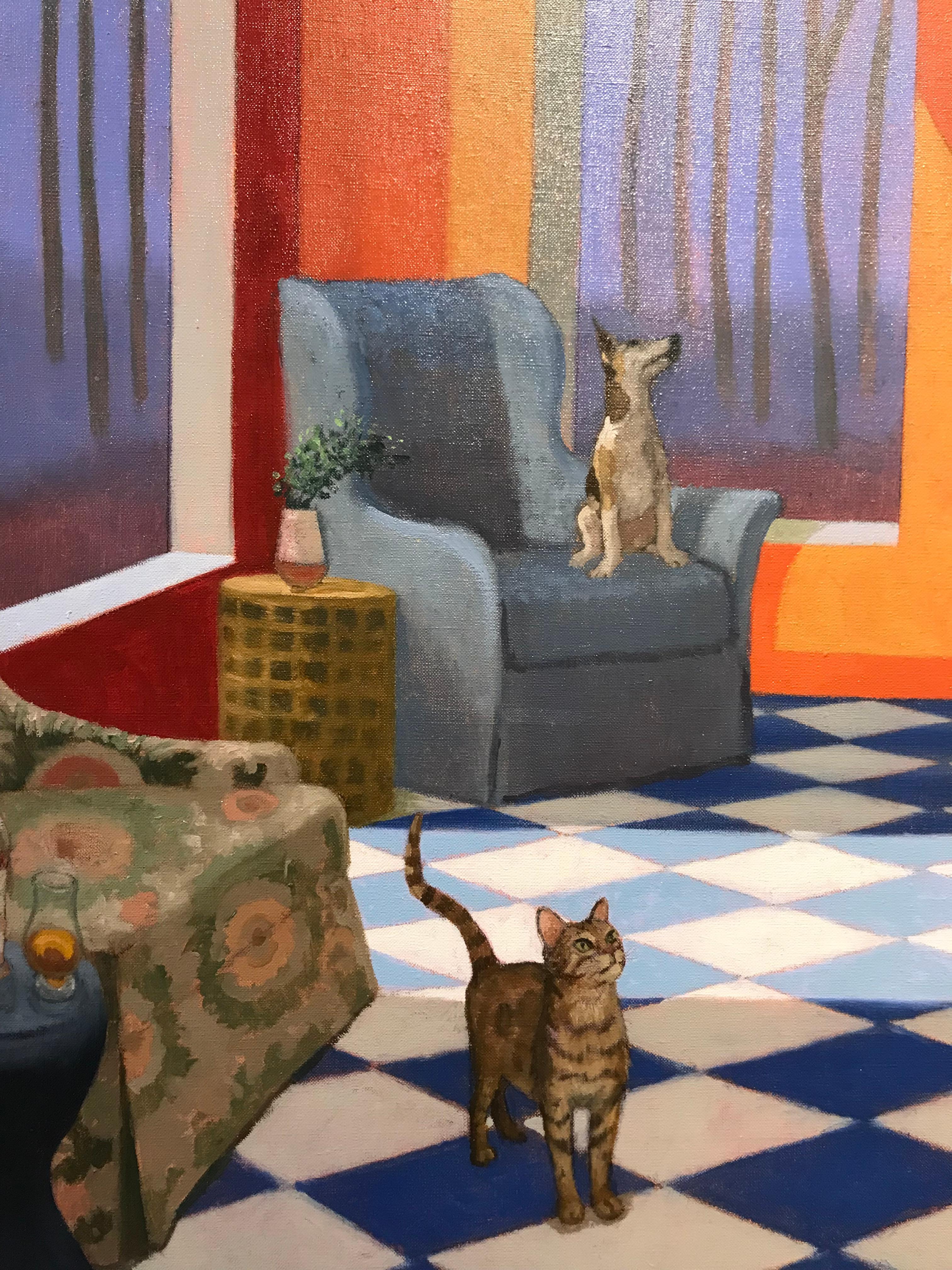 Someone Dancing, a colorful, blue and orange narrative painting with animals - Painting by Kathryn Freeman