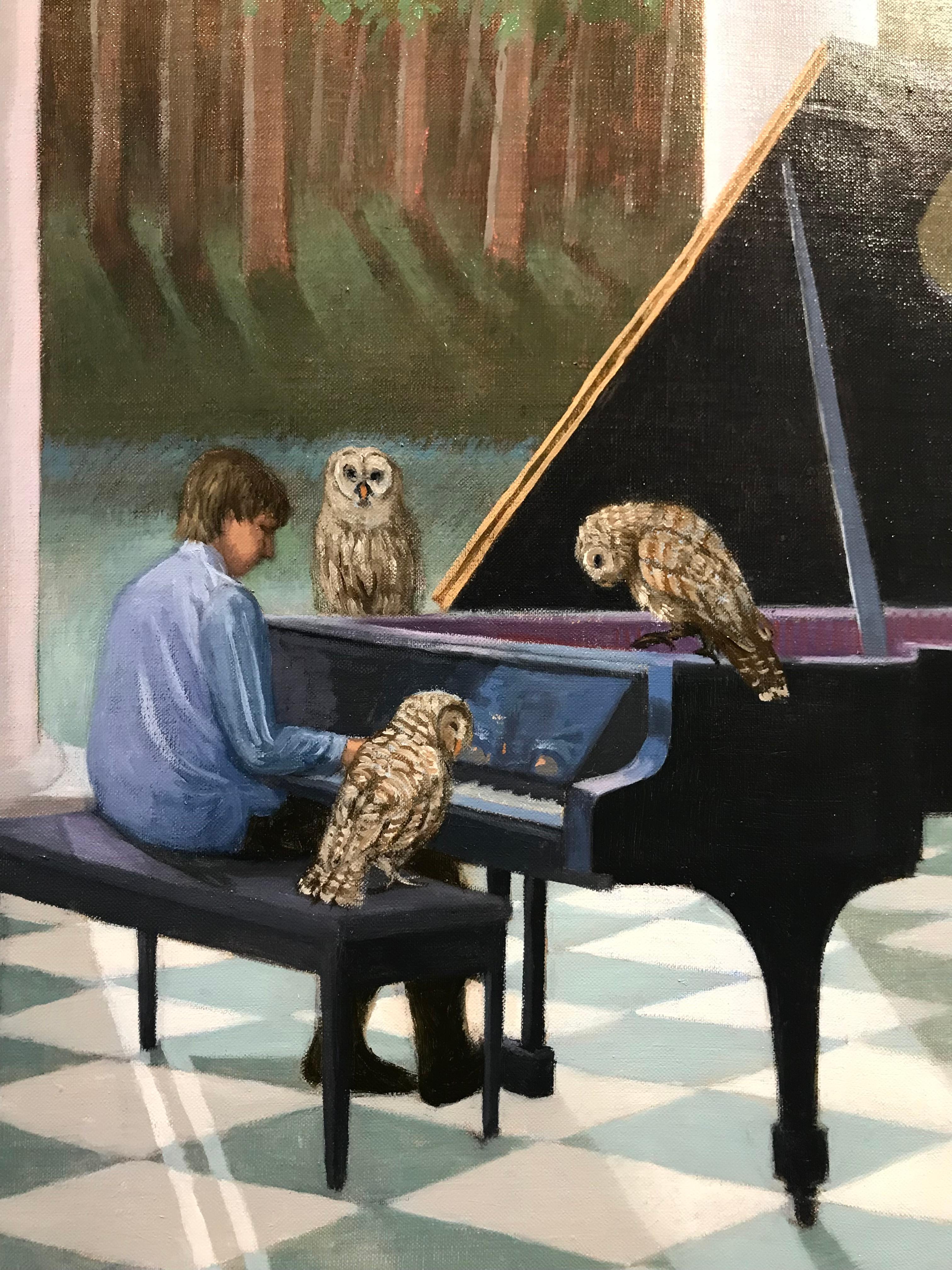 Narrative Painting of Nighttime on the Porch with Soothing Music, a Dog and Owls - Gray Animal Painting by Kathryn Freeman