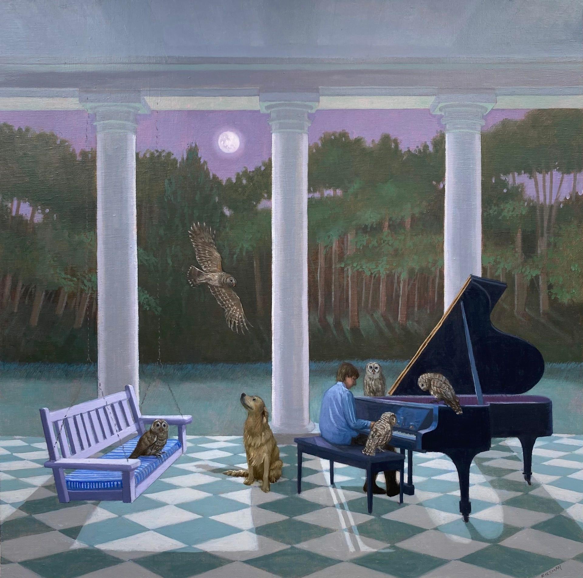 Kathryn Freeman Animal Painting - Narrative Painting of Nighttime on the Porch with Soothing Music, a Dog and Owls