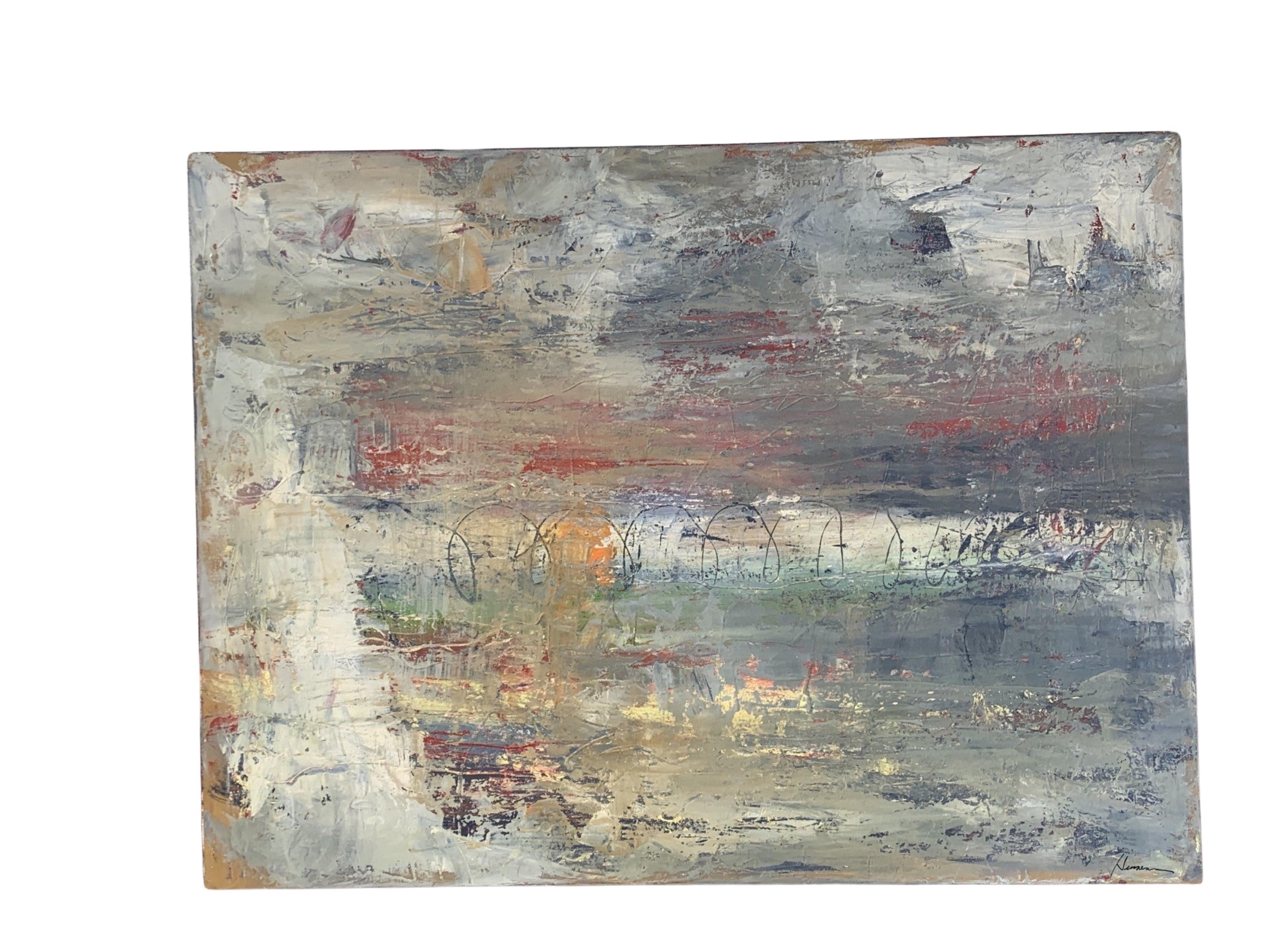 Those abstract from Arizona artist, Kathryn Henneman was painted in 2019. Titled “Next Morning” it os a mix of grey and tan neutrals mixed with some pop of bright colors that mix in perfectly on this original abstract. It can be hung horizontally or